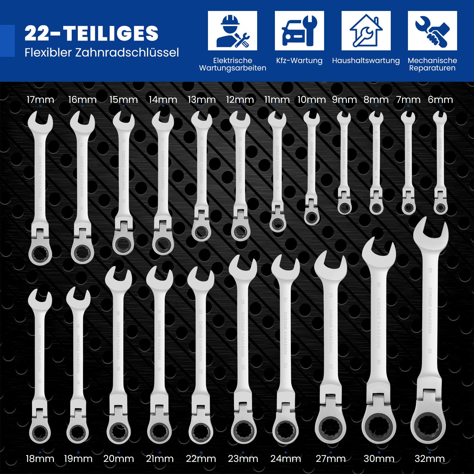 Walter Stahl Germany control Ratschenringschlüssel Ringschlüssel 22-tlg. Ratschenschlüssel-Sets, 180° flexkopf, 8-32mm, (Set, 22 St., 22-teiliger Ratschenschlüssel-Sets), 72-Zahn-Zahnradantrieb, 5°Schwenkbereich