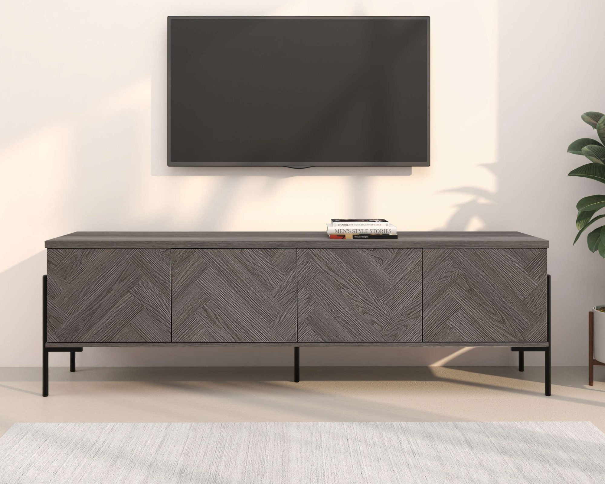 Leonique Lowboard Eadwine, TV-Kommode, Push-to-open, Türen mit Fischgräten Muster, Breite 175 cm