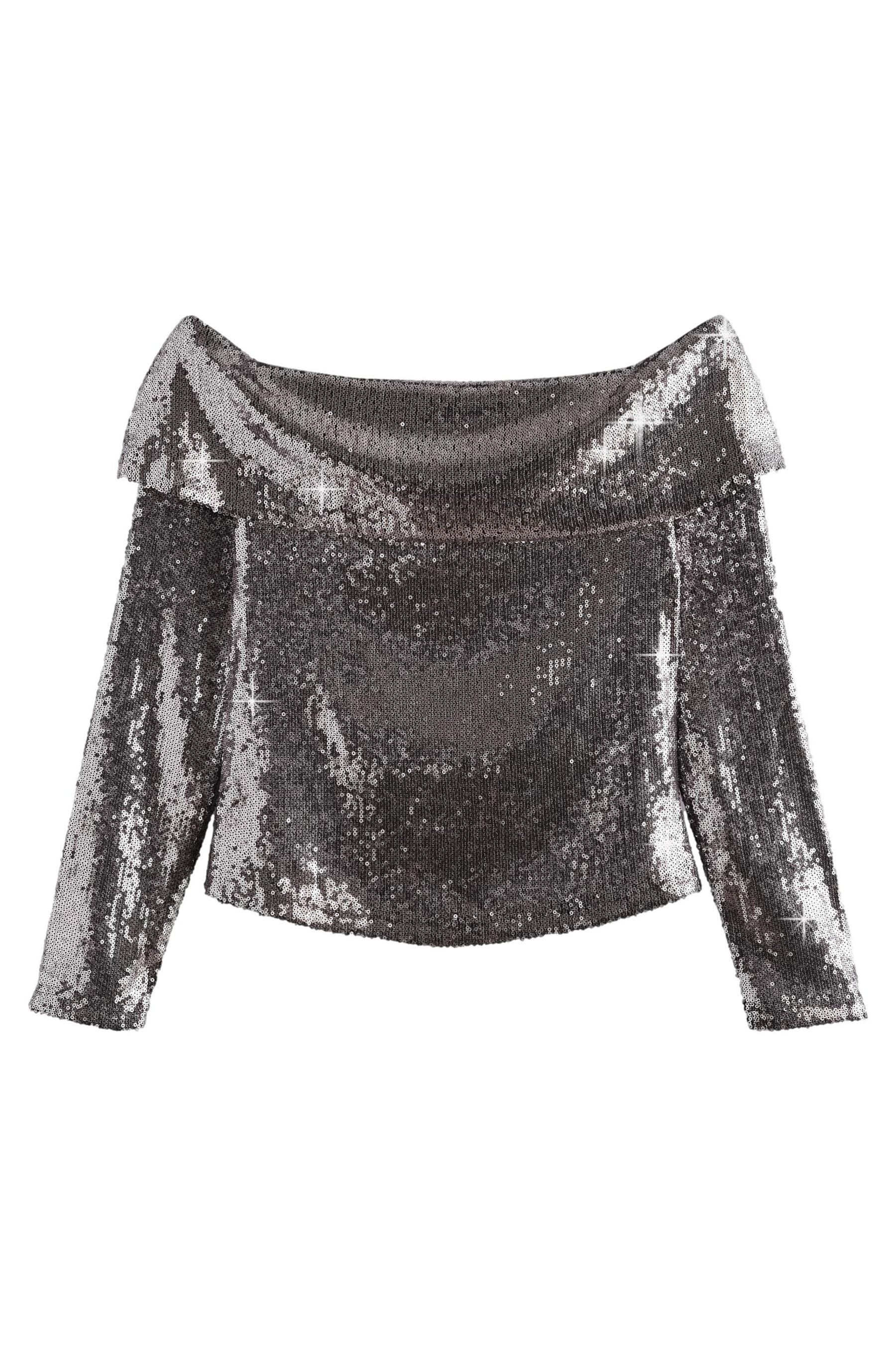 Next Paillettenshirt Langärmeliges Bardot-Oberteil mit Pailletten günstig online kaufen