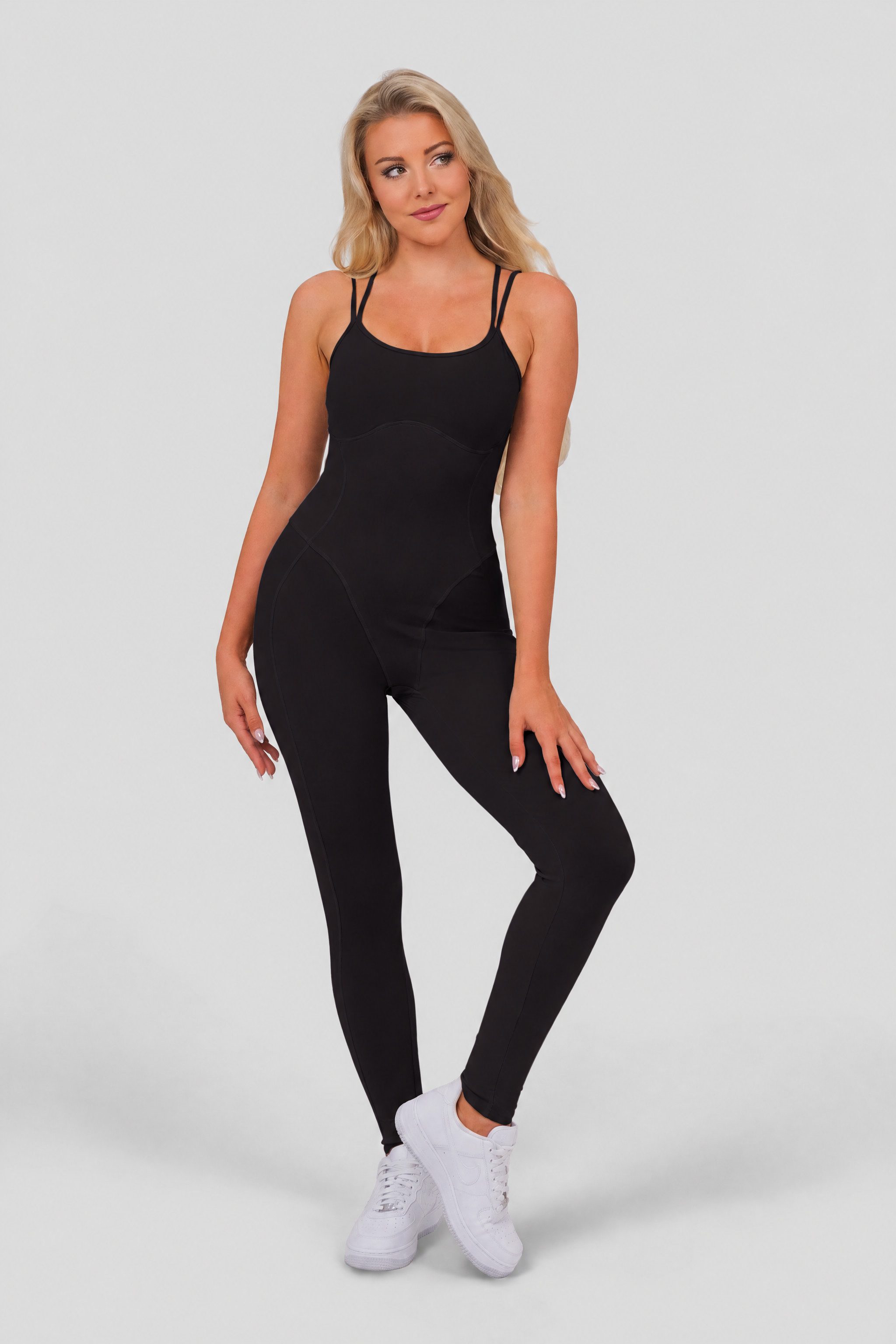 FemmeTone Turnanzug Ärmelloser Damen Overall mit gekreuzten Trägern – Sportbekleidung, Rückenfreier Sport-Jumpsuit für Frauen, Fitness-Einteiler