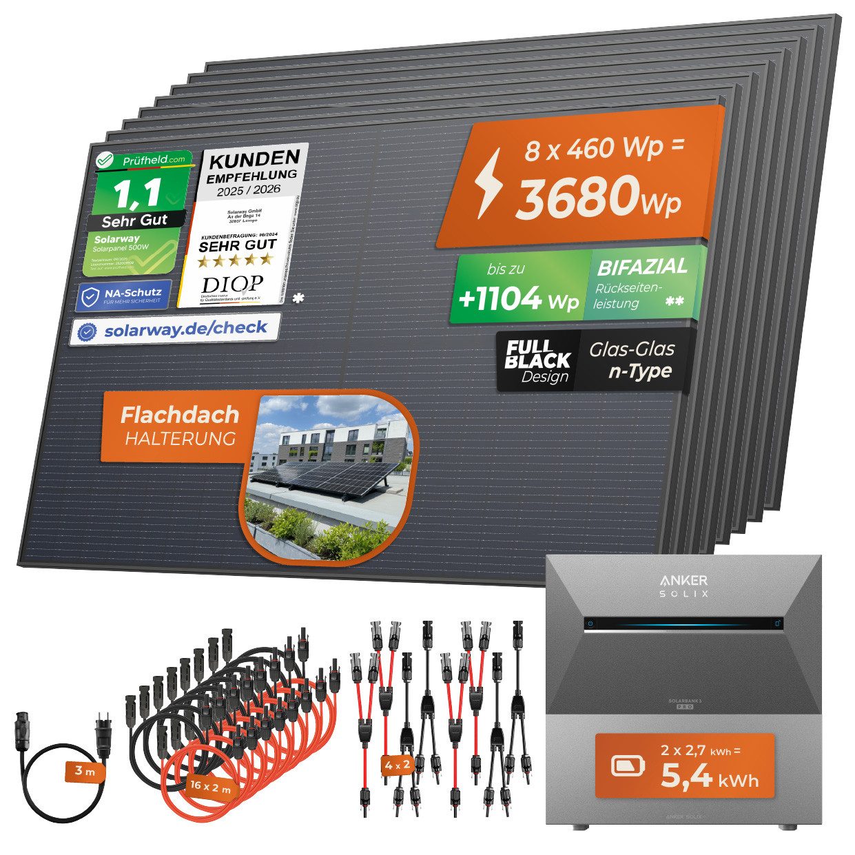 Solarway Balkonkraftwerk All In One mit Speicher 3680W komplett Steckdose - 5,4 kWh, Prismatische LiFePO₄-Zellen, (Anker SOLIX Solarbank 3 E2700 Pro), hoher Wirkungsgrad, Wasserdicht
