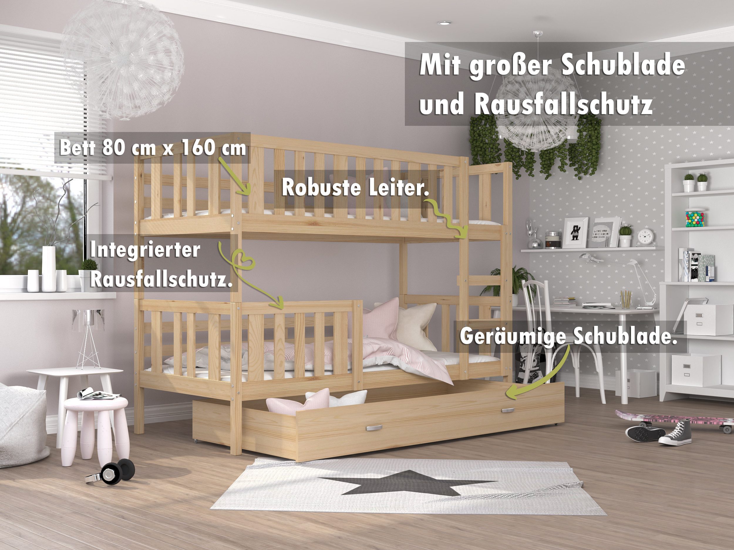 AJKmeble Hochbett mit Rausfallschutz, Etagenbett 80x160cm, günstig online kaufen