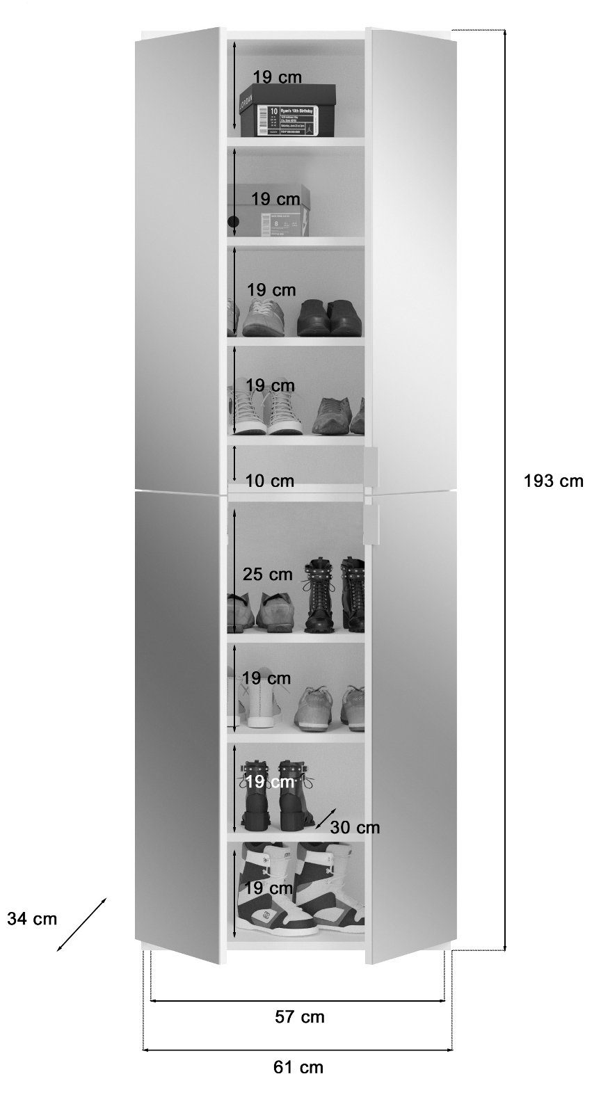 xonox.home Schuhschrank ProjektX (Schuhschrank mit variabler 61 und x Spiegel, mit 196 Inneneinteilung cm) Garderobe