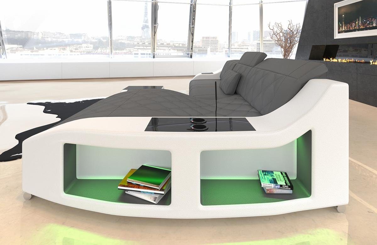 Sofa Dreams Ecksofa Leder Couch Ledersofa Swing L Form Sofa, mit LED, wahlweise mit Bettfunktion als Schlafsofa, grau-weiß