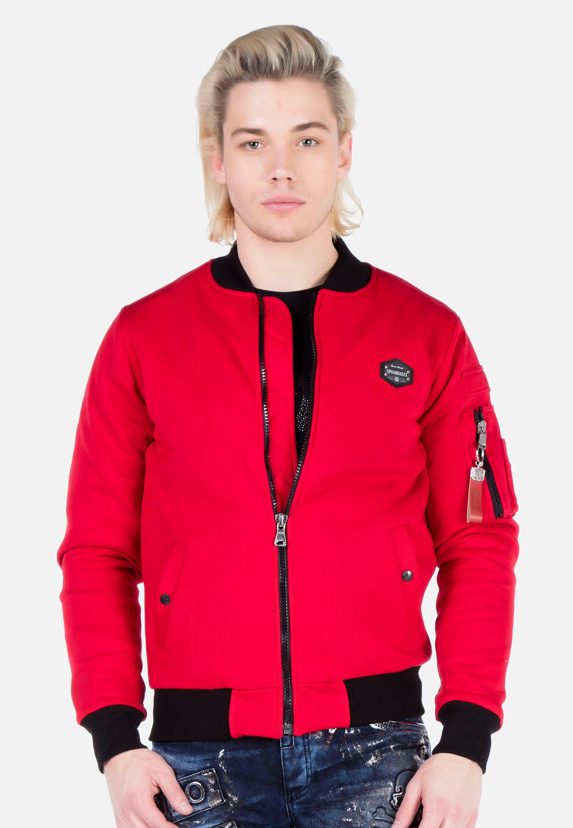 Cipo & Baxx Sweatjacke Revers mit rot Reißverschluss und