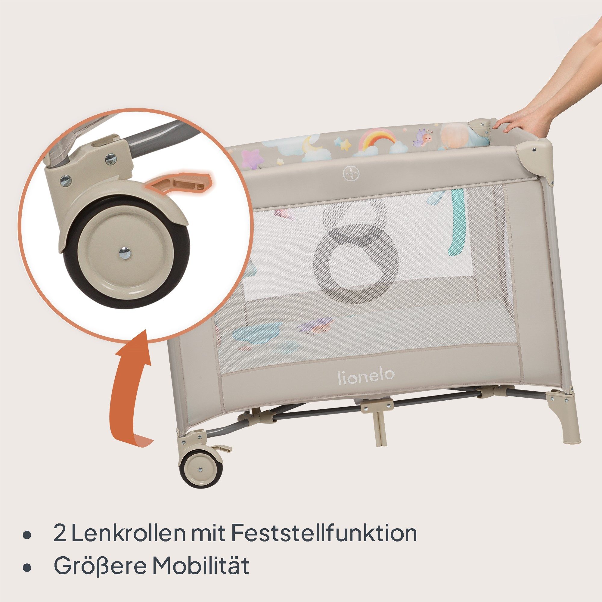 lionelo Laufgitter MILLE PLUS (Set mit Lernmatte und Tragetasche), Matratze/Spielzeug/Lernmatte/Reißverschluss-Eingang/Rollen