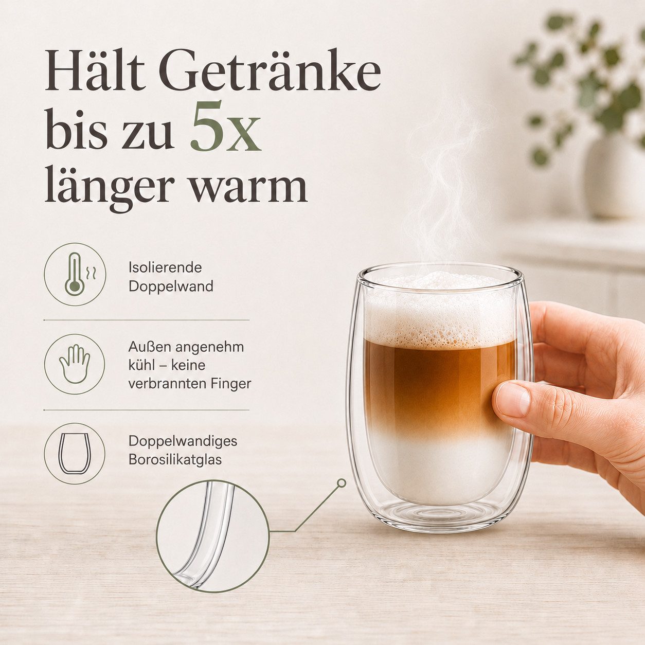 LAPRESO Cappuccinotasse Doppelwandig Thermogläser Kaffeegläser Set 250 ml, 6-tlg., Borosilikatglas, 6er Set