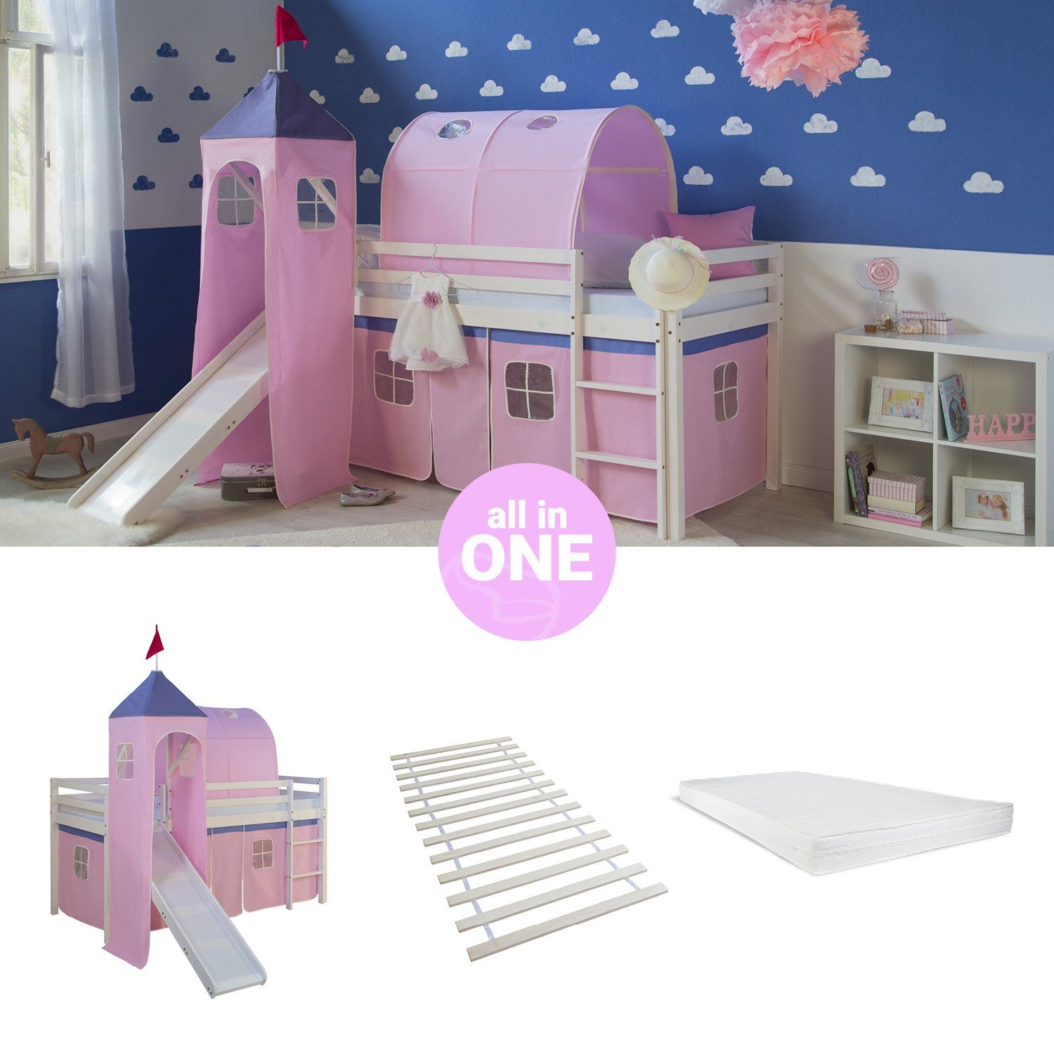 Homestyle4u Hochbett Kinderbett mit Leiter und Vorhang Weiß Rosa Holz Trepp günstig online kaufen