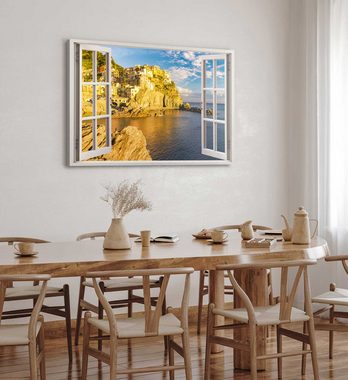 Sinus Art Leinwandbild Wandbild 120x80cm Fensterbild Italienische Küstenstadt Meer Mittelmeer, (1 St)