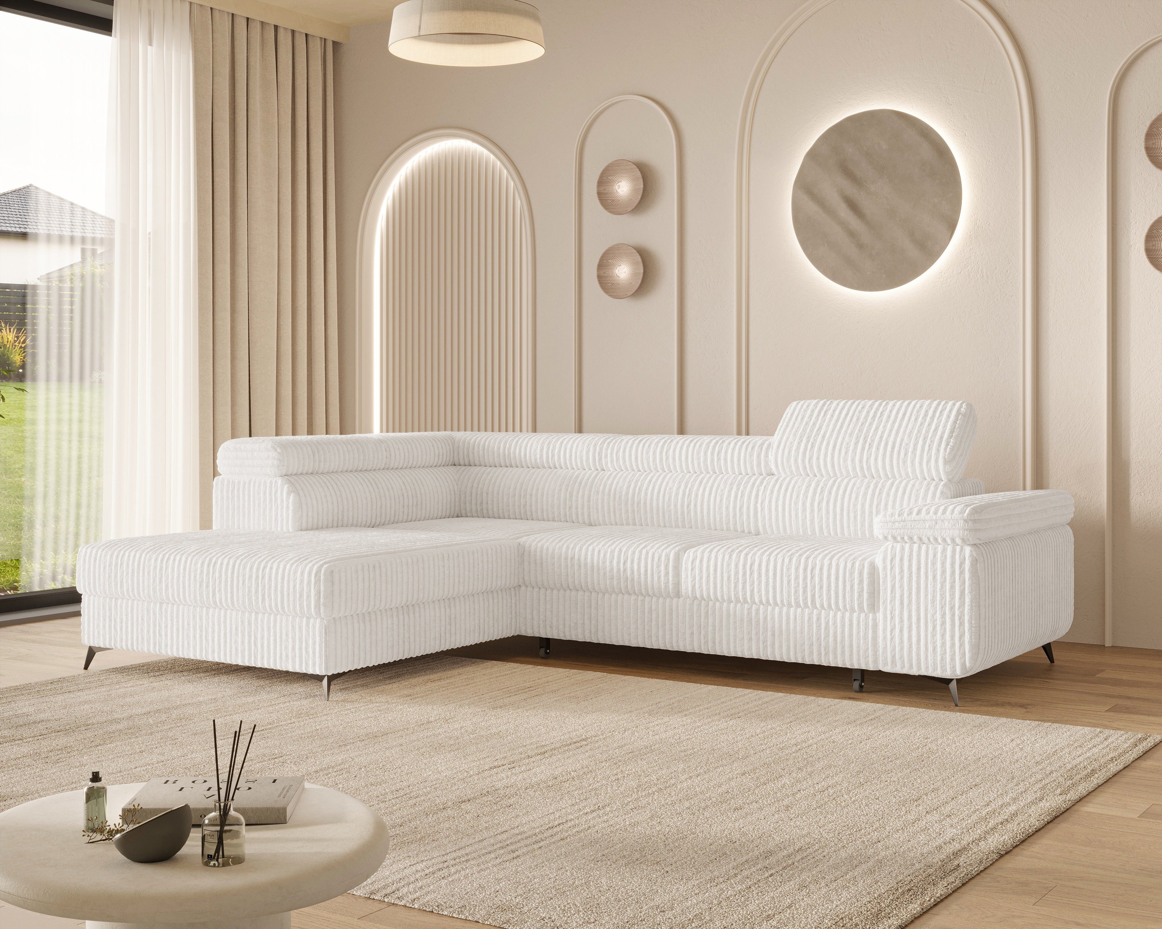 MOEBLO Ecksofa OSTIN, 290 cm – Modernes L-Sofa mit Schlaffunktion, Bettkasten und verstellbaren Kopfstützen, Cord oder Strukturstoff, - (BxHxT): 290 x 75–90 x 202 cm