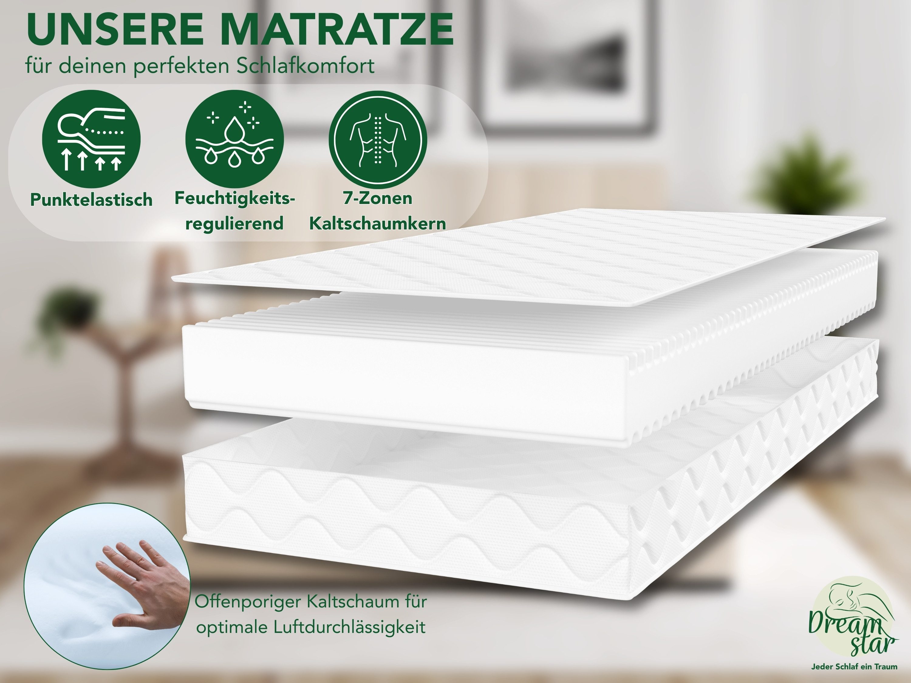 Kaltschaummatratze Ergo Flex, zwei unterschiedlich feste Liegeseiten (H2/H3 oder H3/H4), Dreamstar, ergonomische 7-Zonen Wendematratze