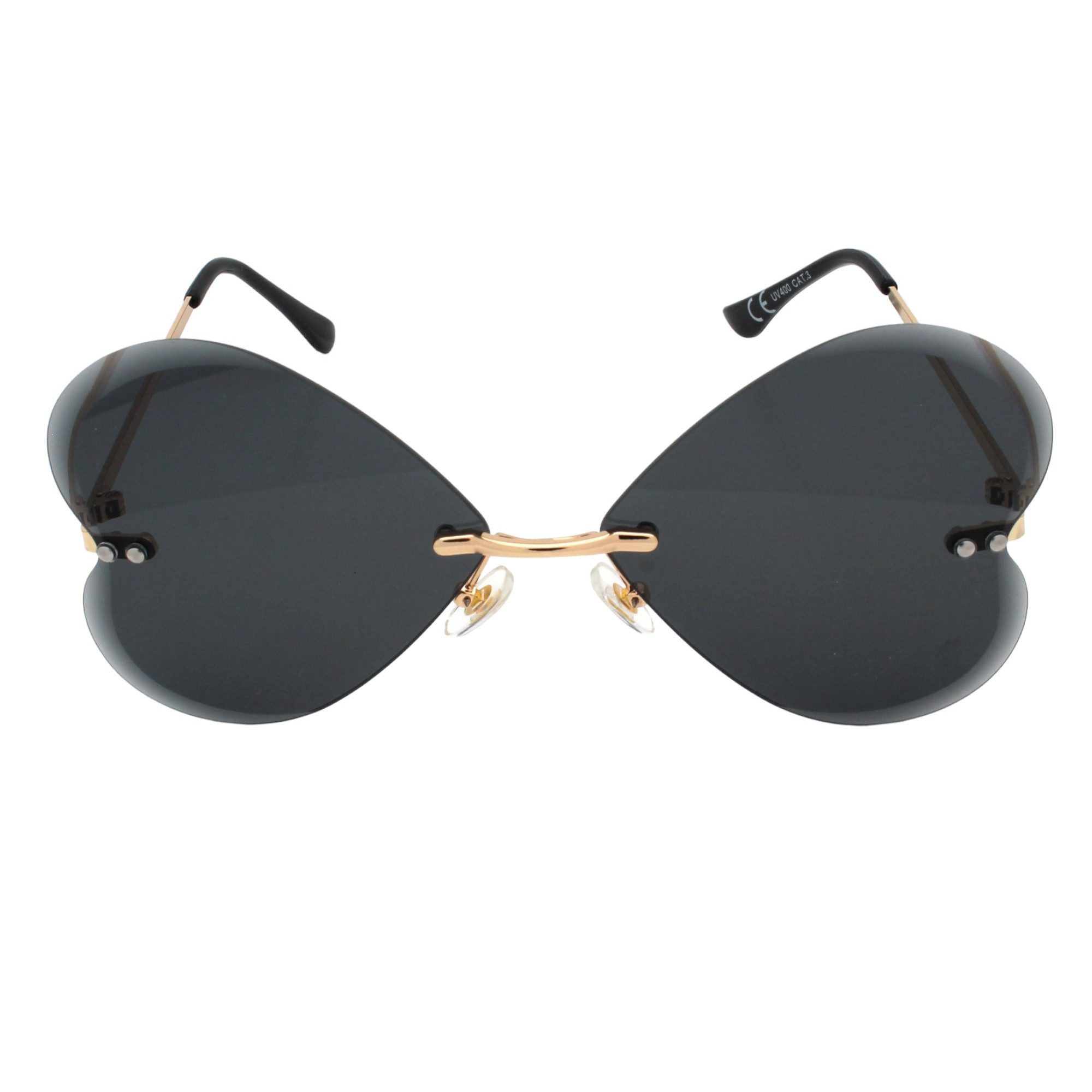LUXXADA Sonnenbrille (Große Herz Form Festivalbrille Schwarz Gold mit Brillenbeutel) Gläser Schwarz Getönt Herzbrille mit Facettenschliff