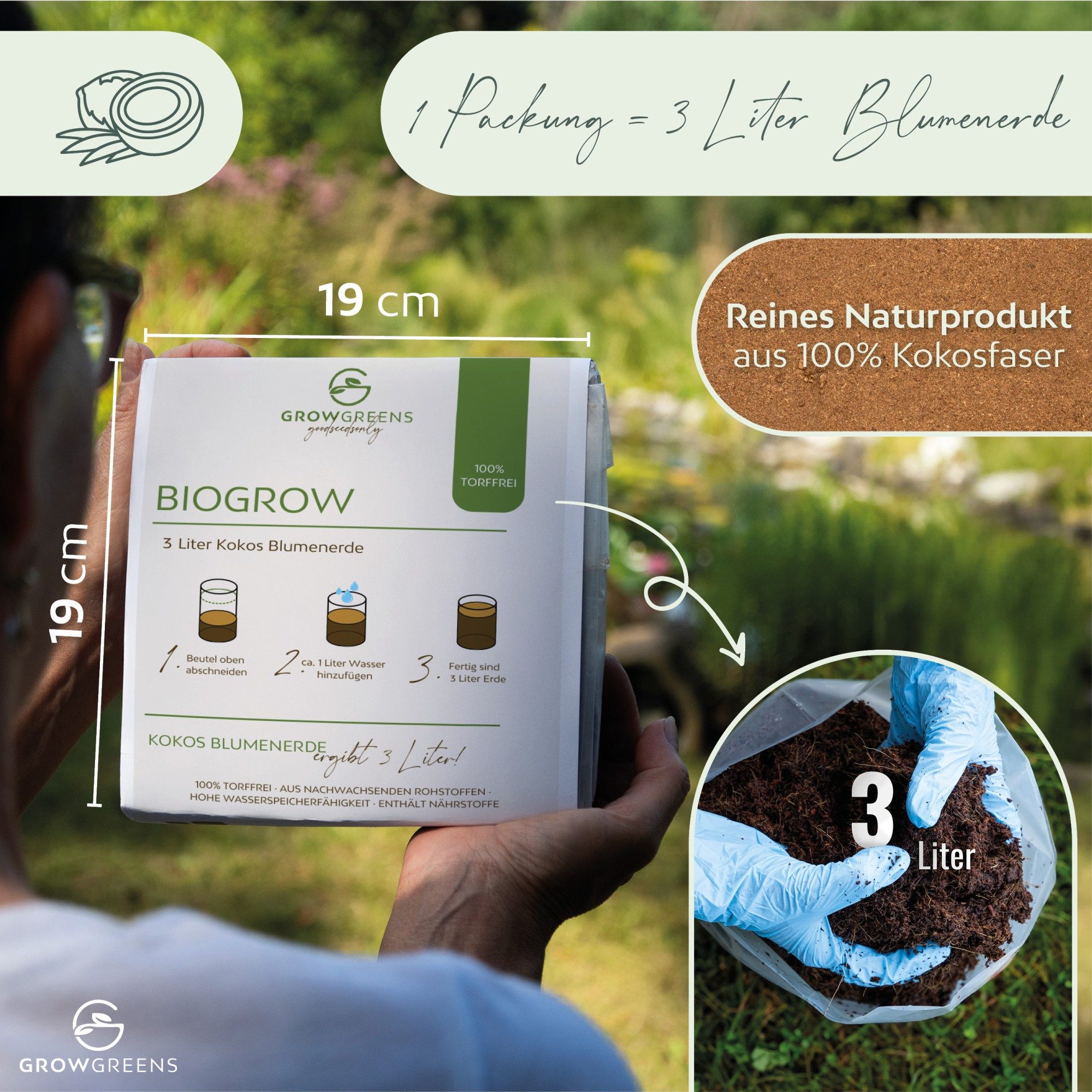 Growgreens Pflanzerde Bio Kokoserde gepresst im Quellbeutel - Biolog. torffreie Anzuchterde, im Beutel – Bild 4 von 5