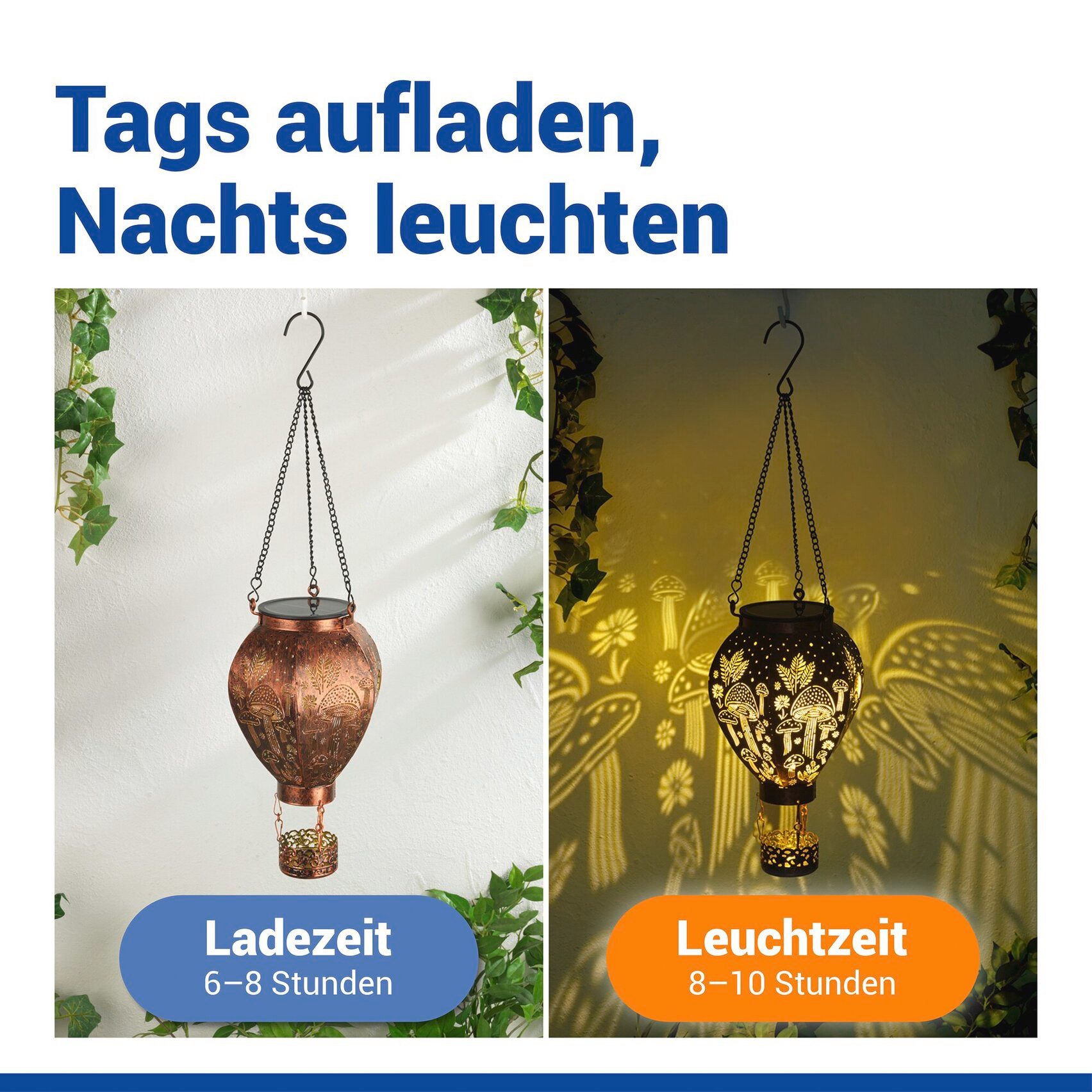Maximex LED Gartenleuchte Modell Heißluftballon, Ein-/Ausschalter, LED fest integriert, Warmweiß, Solar-Ballon in Bronze-Optik mit Pilzmuster-Lichtprojektion