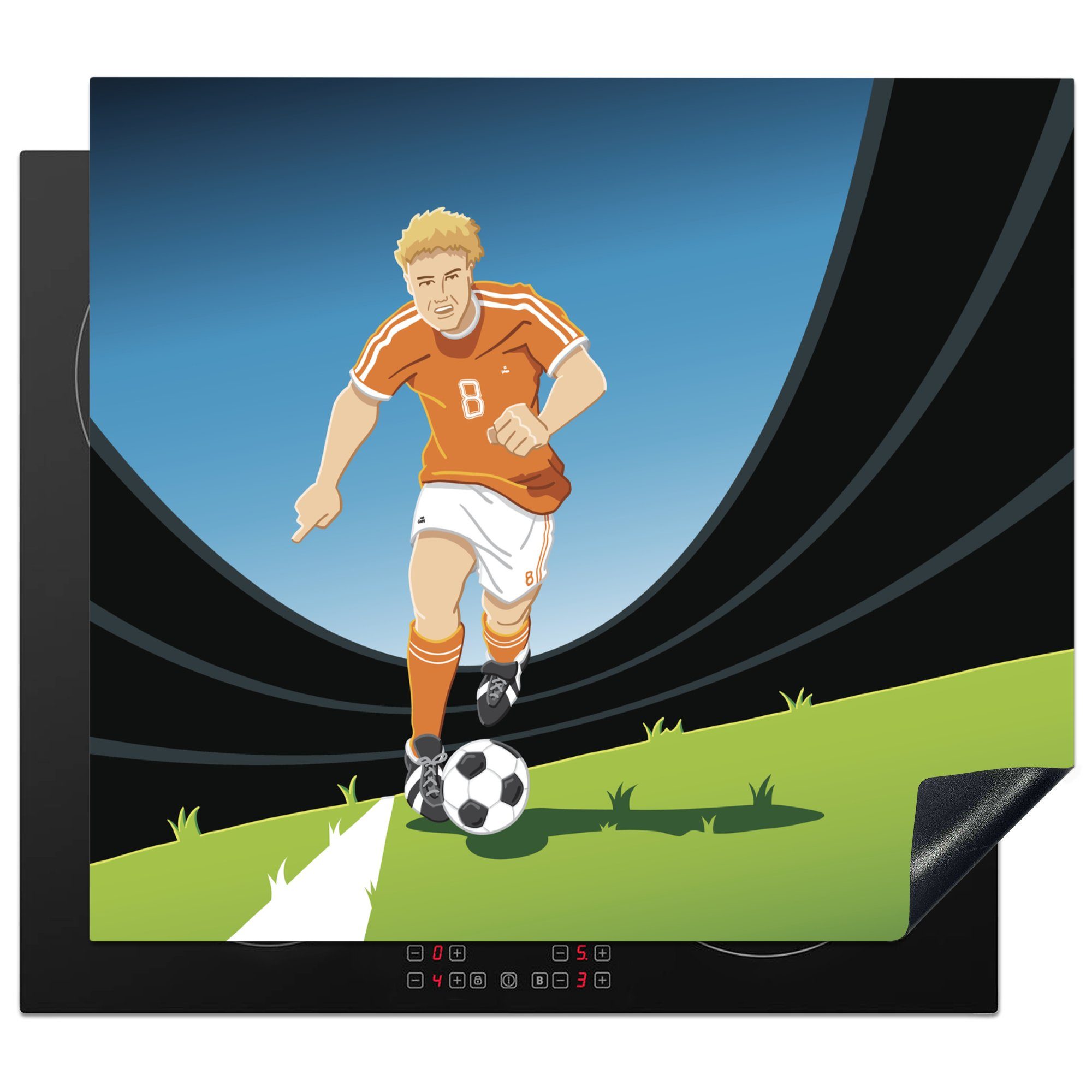 MuchoWow Herdblende-/Abdeckplatte Eine Illustration eines Spielers in einem Fußballstadion, Vinyl, (1 tlg), 60x52 cm, Mobile Arbeitsfläche nutzbar, Ceranfeldabdeckung