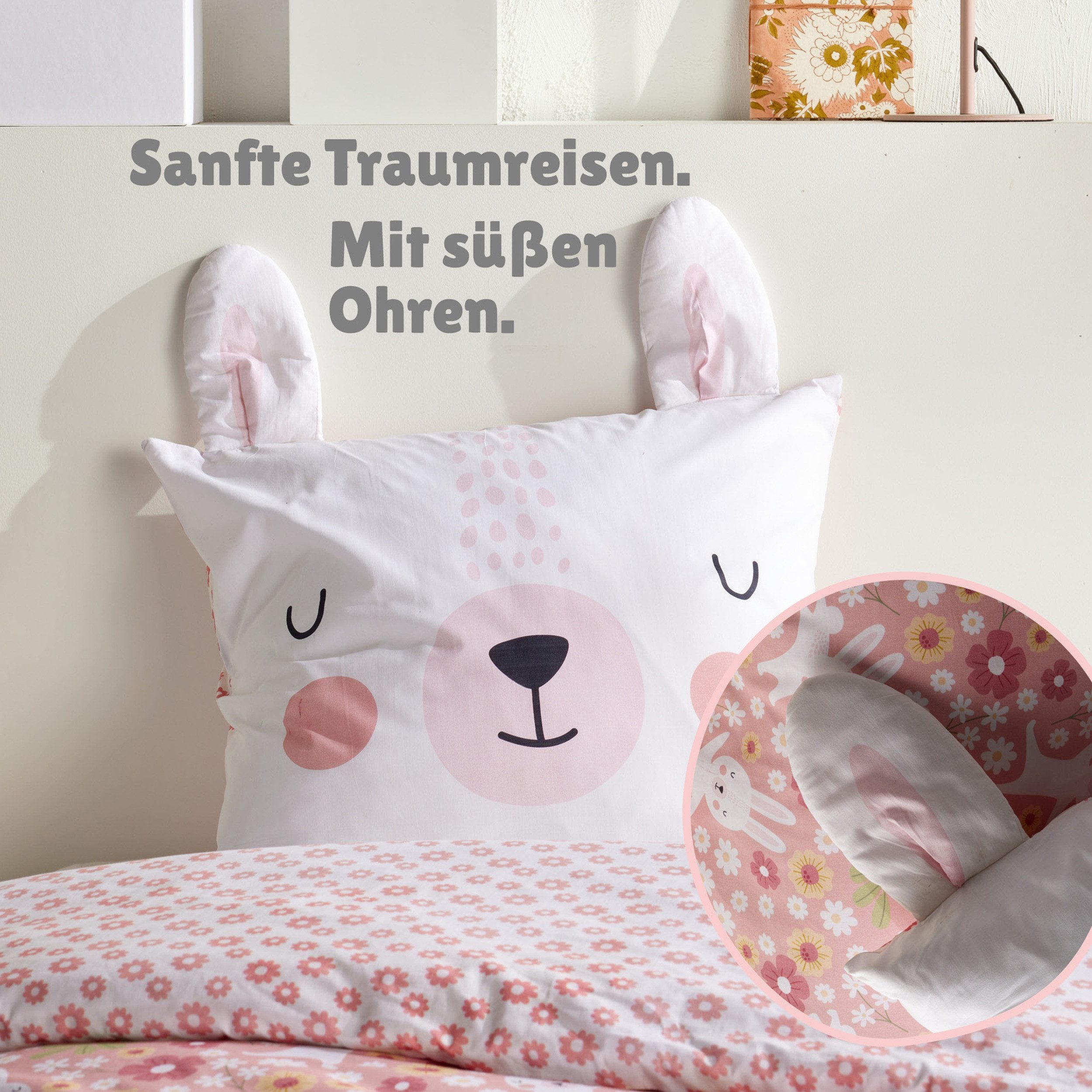 Familando Kinderbettwäsche Rabbit 135x200 80x80 cm Bettwäsche Hase mit Ohren, Renforcé, 2 teilig, mit liebevollem Motiv & süßen Details für Mädchen – Bild 3 von 5
