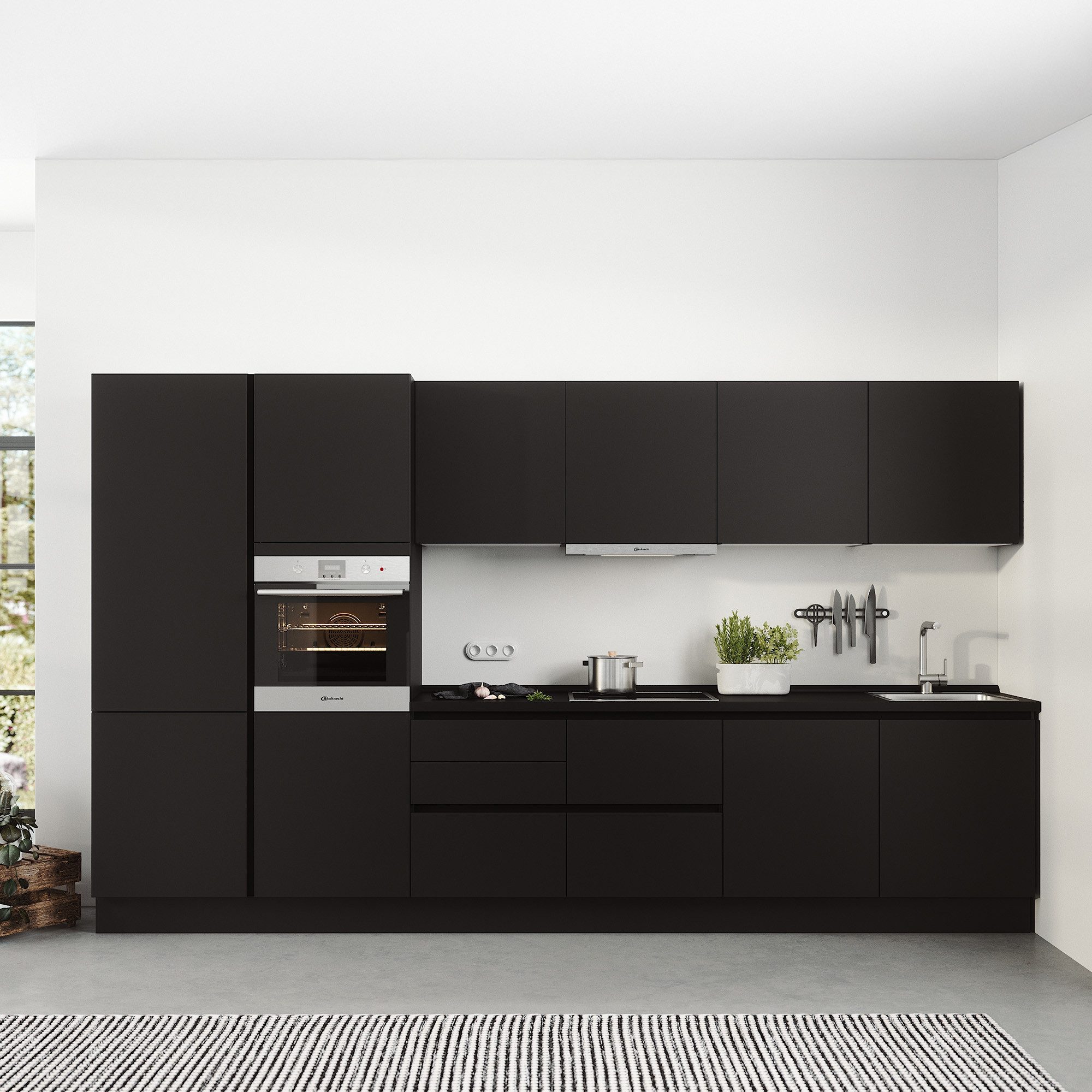 ROCTOR Küchenzeile RT7003 Perfect Soft Schwarz - 360 cm Breite, Vormontiert, inklusive Bauknecht E-Geräten, Korpus Made in Germany