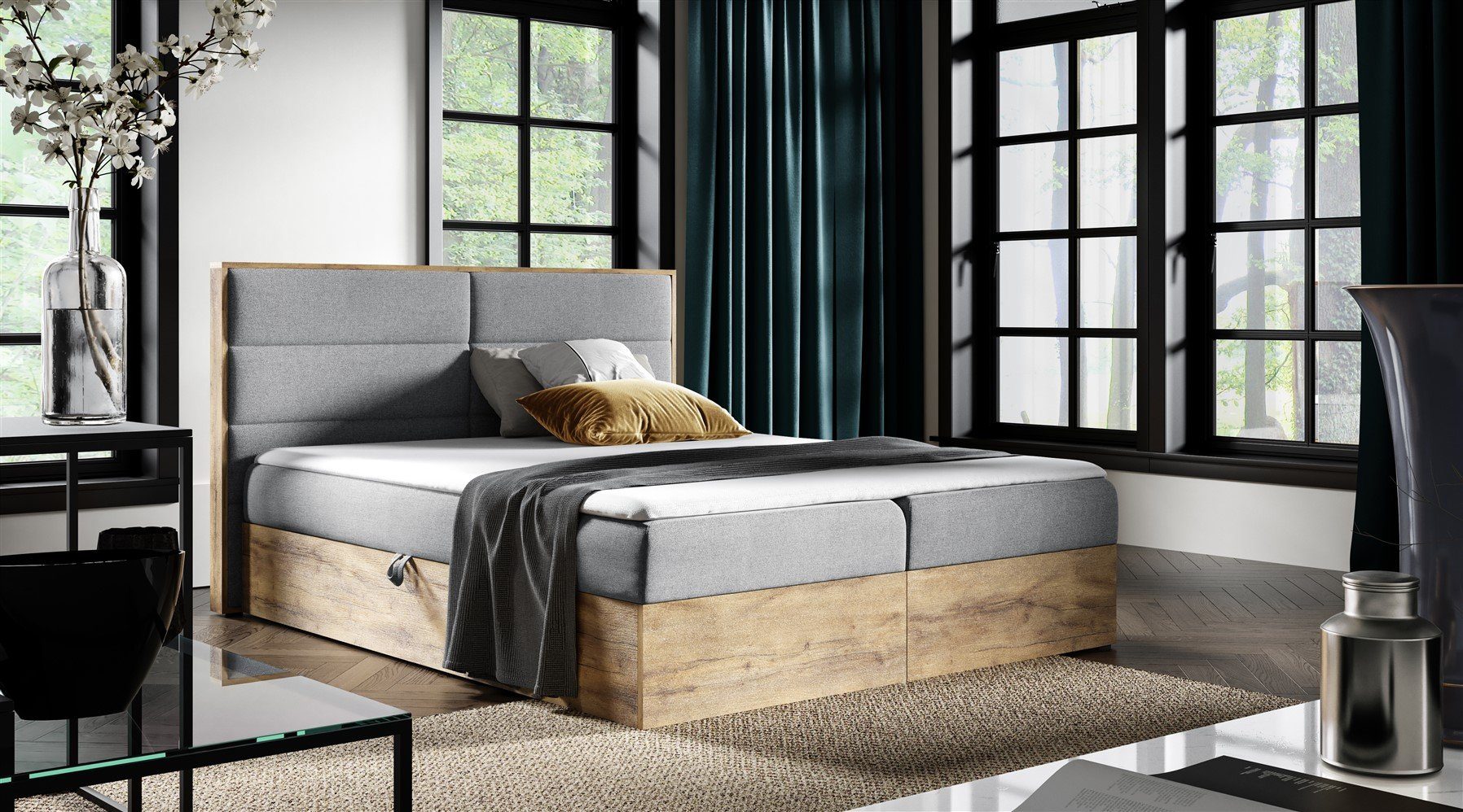 Fun Möbel Boxbett Schlafzimmerbett LAMBROS in Stoff, Lancelot-Eiche-Optik (auch in Überlänge erhältlich, inkl. Kaltschaumtopper und Bettkästen), Lancelot-Eiche-Optik