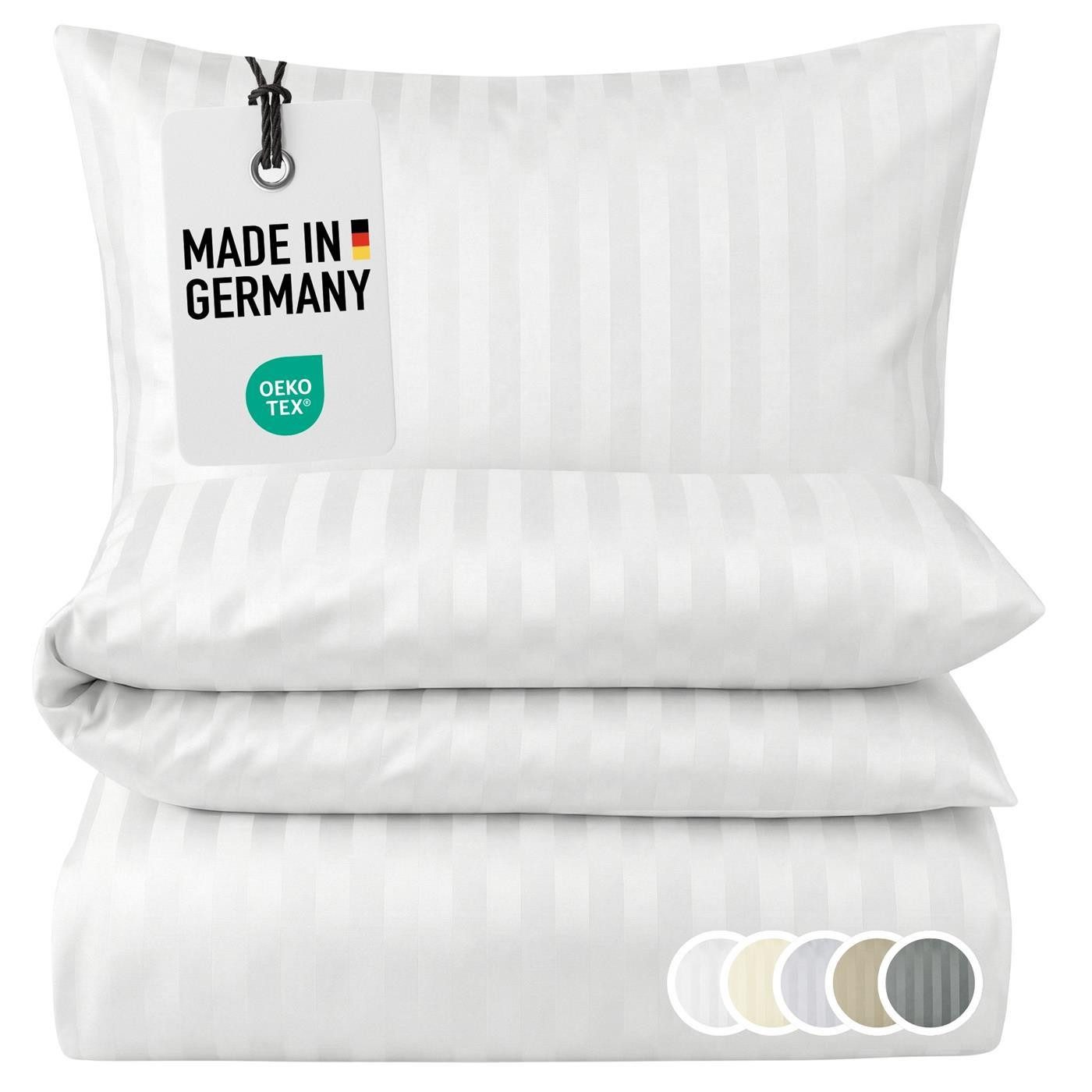 Carpe Sonno Bettwäsche Damast 135x200 155x220 Hochwertige Hotel Baumwoll Bettwäsche gestreift, Damast, 2 teilig, Bettwaren Set 135 x 200 Bettbezug mit Reißverschluss - Weiß