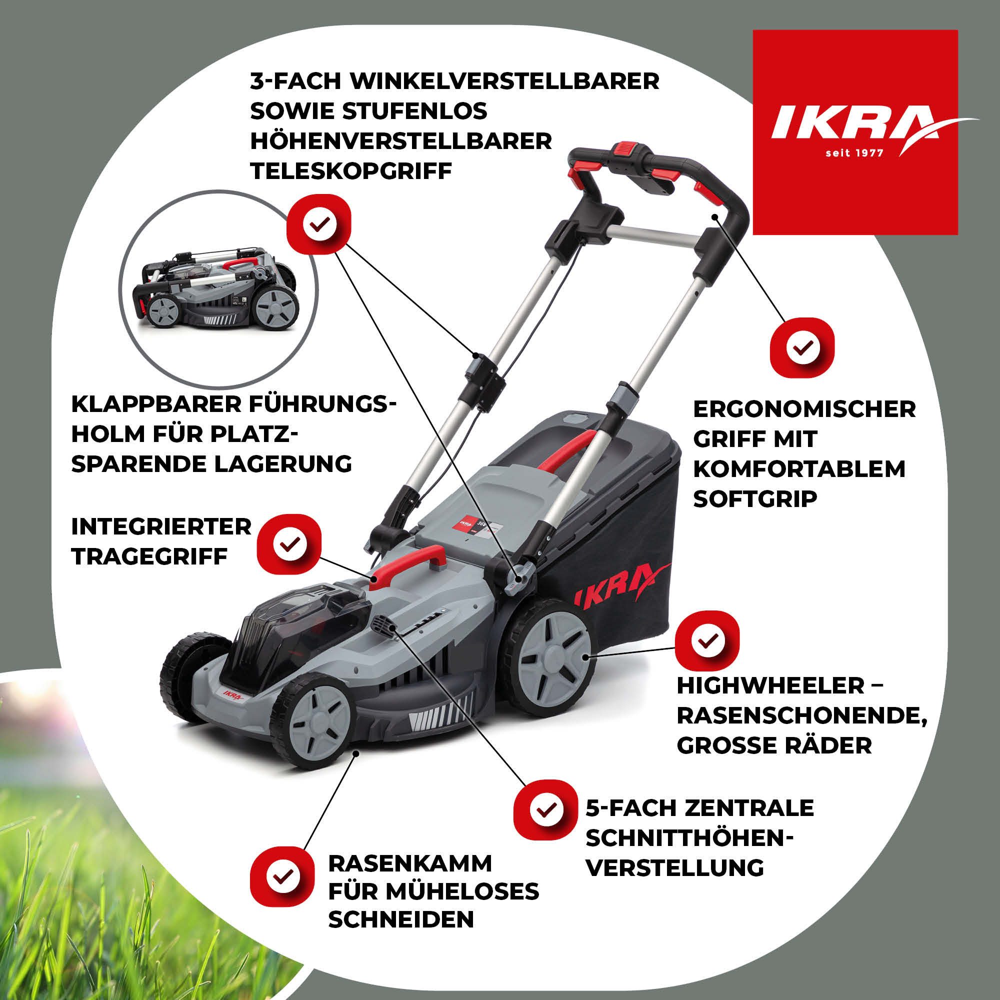 ikra GmbH Akkurasenmäher IB-LM 43, 43 cm Schnittbreite, kompatibel mit BOSCH 36V