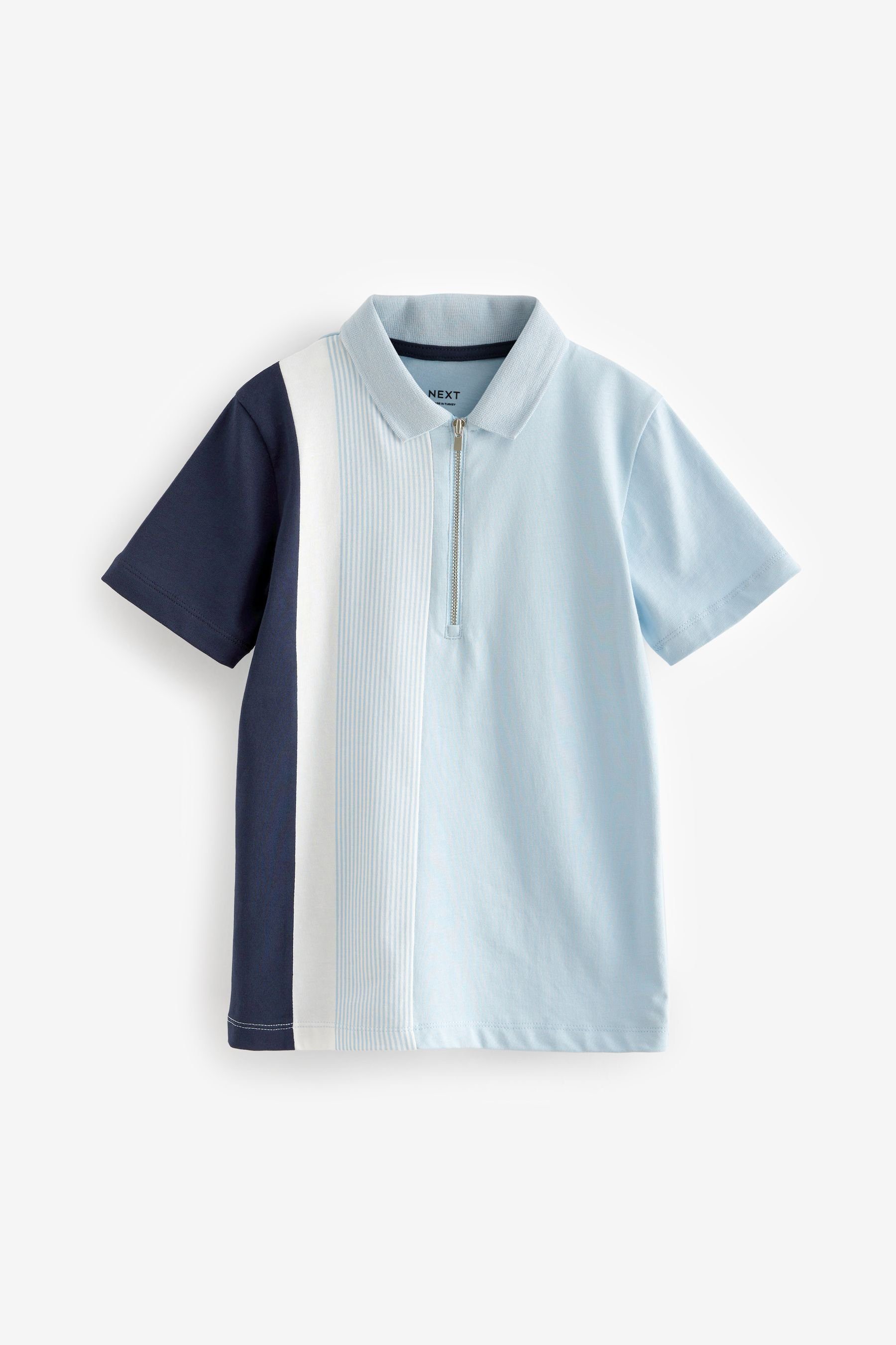 Next Poloshirt Kurzärmeliges Polohemd mit Reißverschluss (1-tlg) Light Blue/Navy Vertical Panel