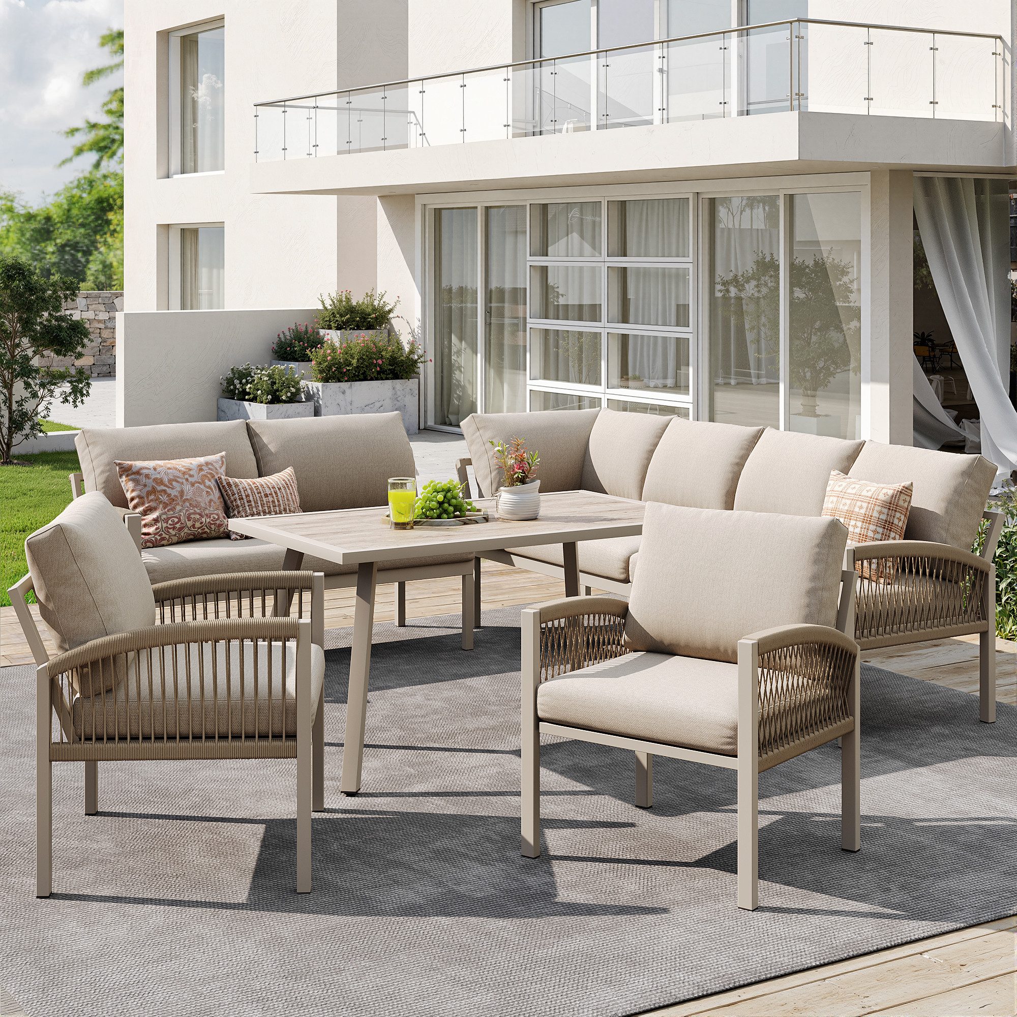 Flieks Gartenlounge-Set, 8-Sitzer L-förmiges Gartenmöbel-Set Sitzgruppe Holzoptik-Glasplatte