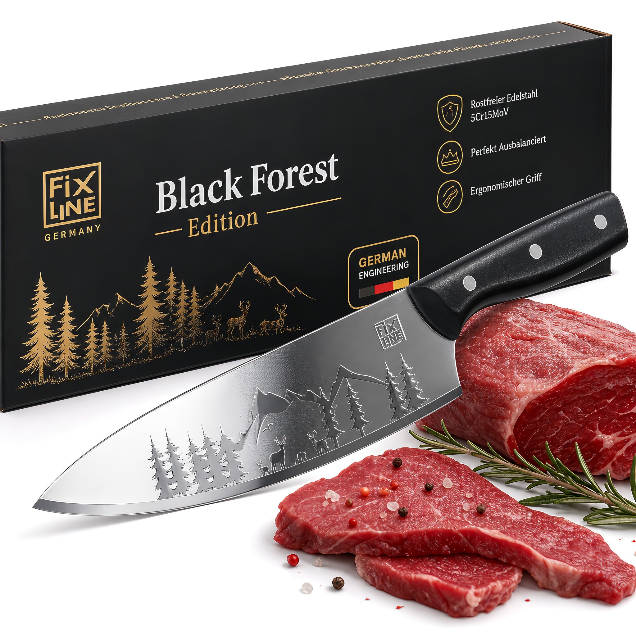 FIXLINE Kochmesser Chefmesser 20cm Black Forest Edition Kochmesser ausgewogene Balance, FIXLINE Chefmesser 20cm