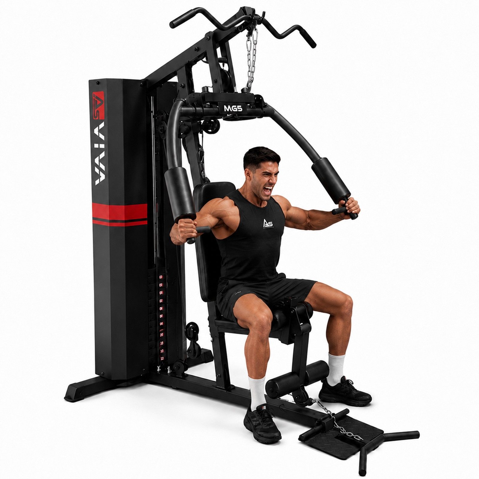 AsVIVA Kraftstation MG5 Pro Kraftstation Multi-Gym – Home Gym mit 73 kg Gewichtsblock, 13 Gewichtsblöcke (Trizepsseil, 2 Einzelgriffe, 2 Zugstangen, Montagezubehör), Kabelzugstation, Latzug, Butterfly