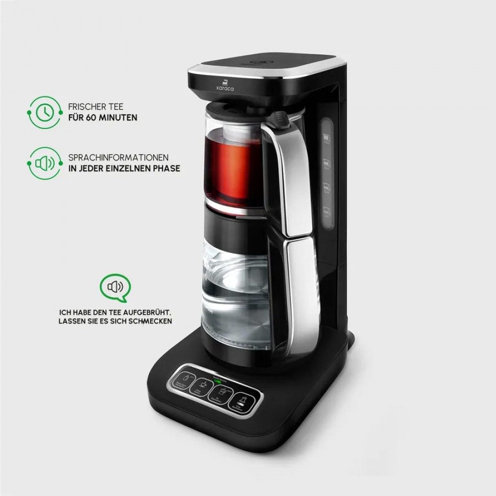 Karaca Wasserkocher Karaca Robotea Pro 4in1 Teekocher + Kaffeemaschine,Glas Schwarz Chrom, 2500 W