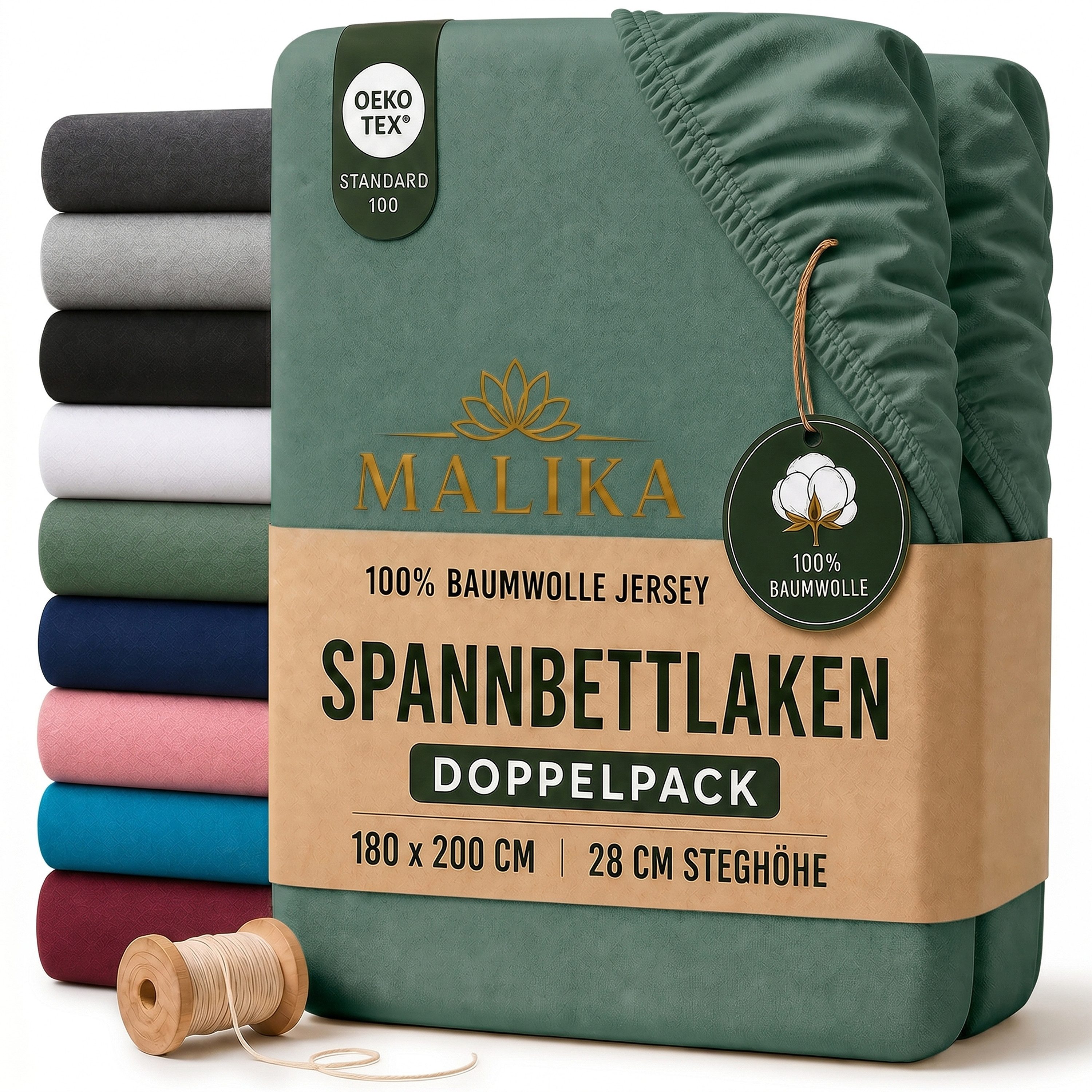 Malika Spannbettlaken aus 100% Baumwolle, 90-100x200, Dunkelgrün, Jersey Baumwolle, Gummizug: Ja, (2 Stück), Allergikergeeignet, Pflegeleicht und Atmungsaktiv