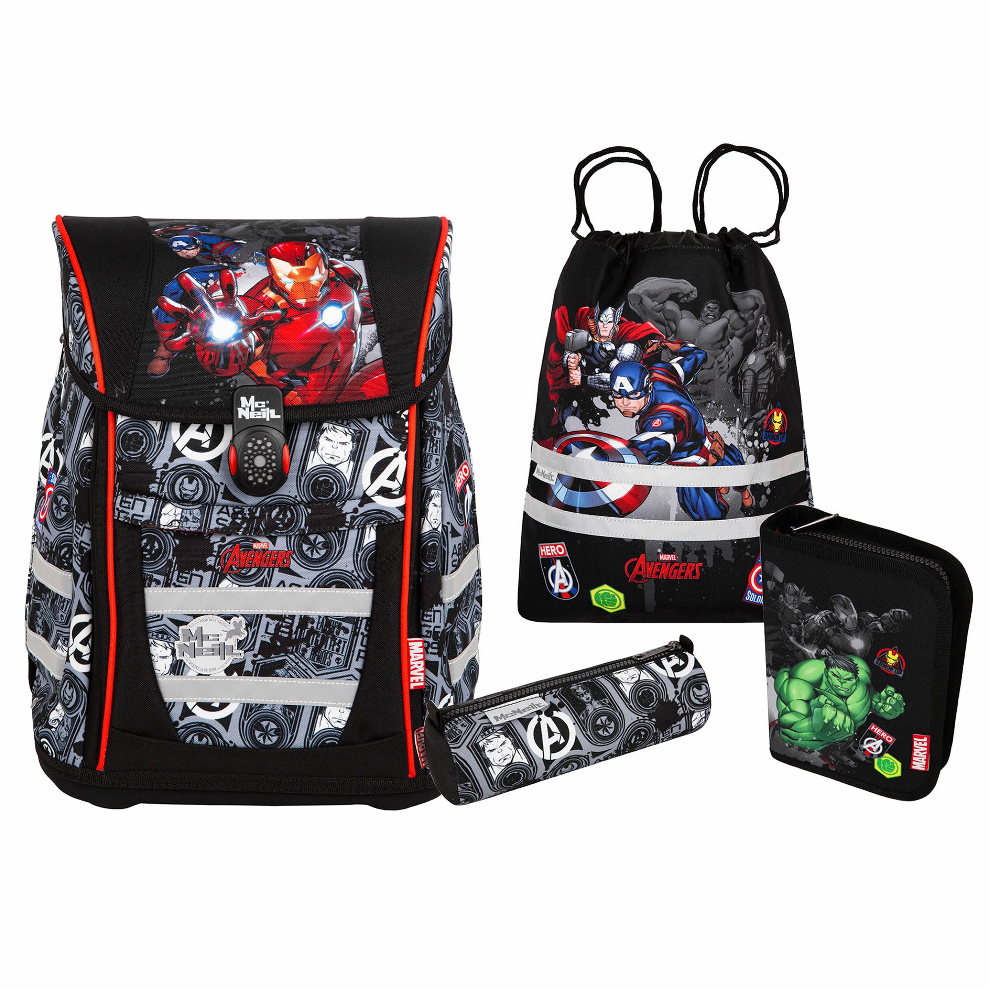 McNeill Schulranzen TENERIS Avengers 4-teilig mit Etui, Schlampermäppchen & Sportbeutel (Spar-Set, mit Sportbeutel, mit Federtasche, mit schlampermappe, mit Schlamperrolle), Air-Flow Rückensystem, Leichtgewicht ca. 980 g, 4-teiliges Set