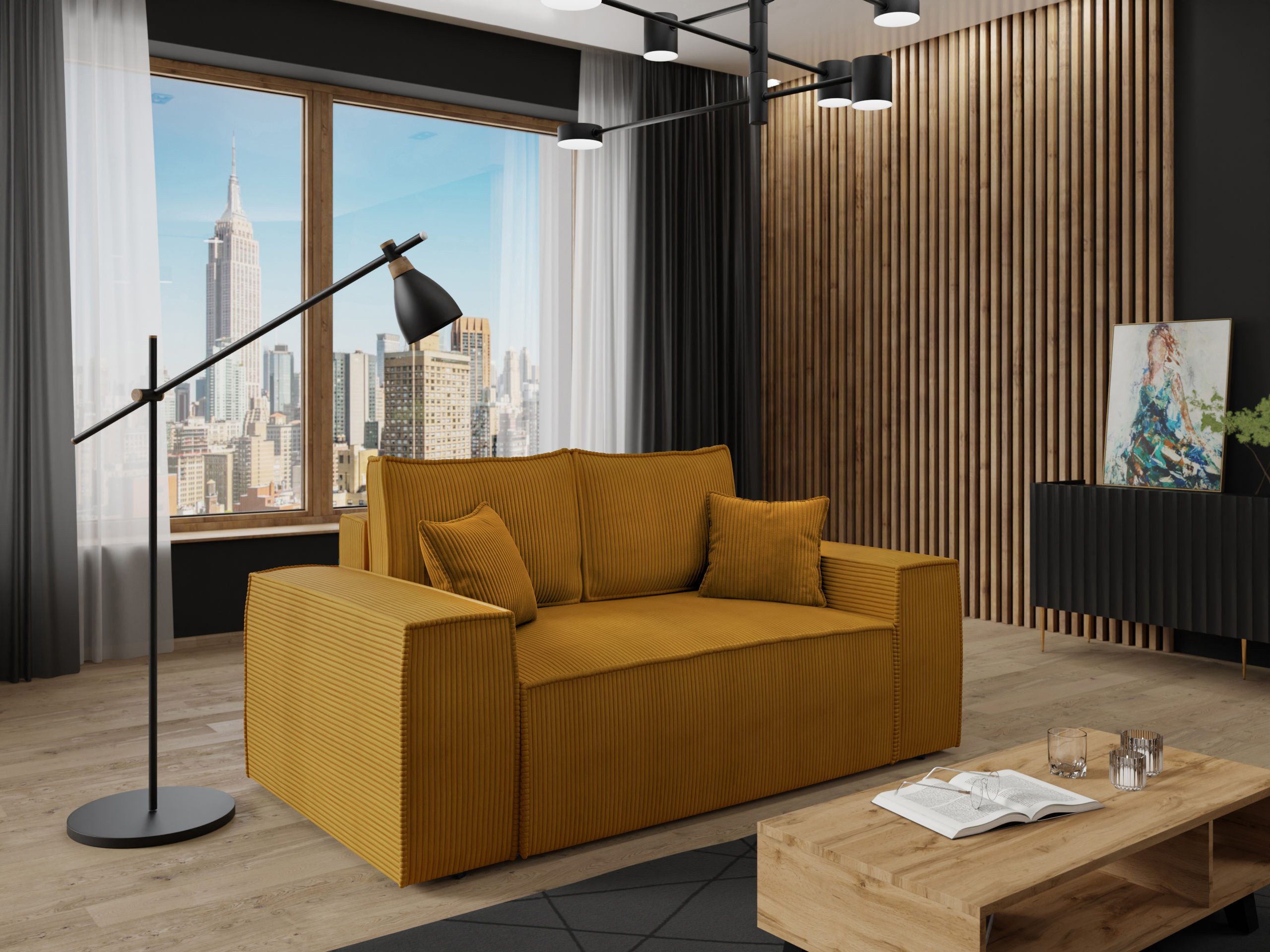 MIRJAN24 Schlafsofa Malaga Small Cord, mit Bettkasten und Schlaffunktion, Rückenlehne in Form beweglicher Kissen