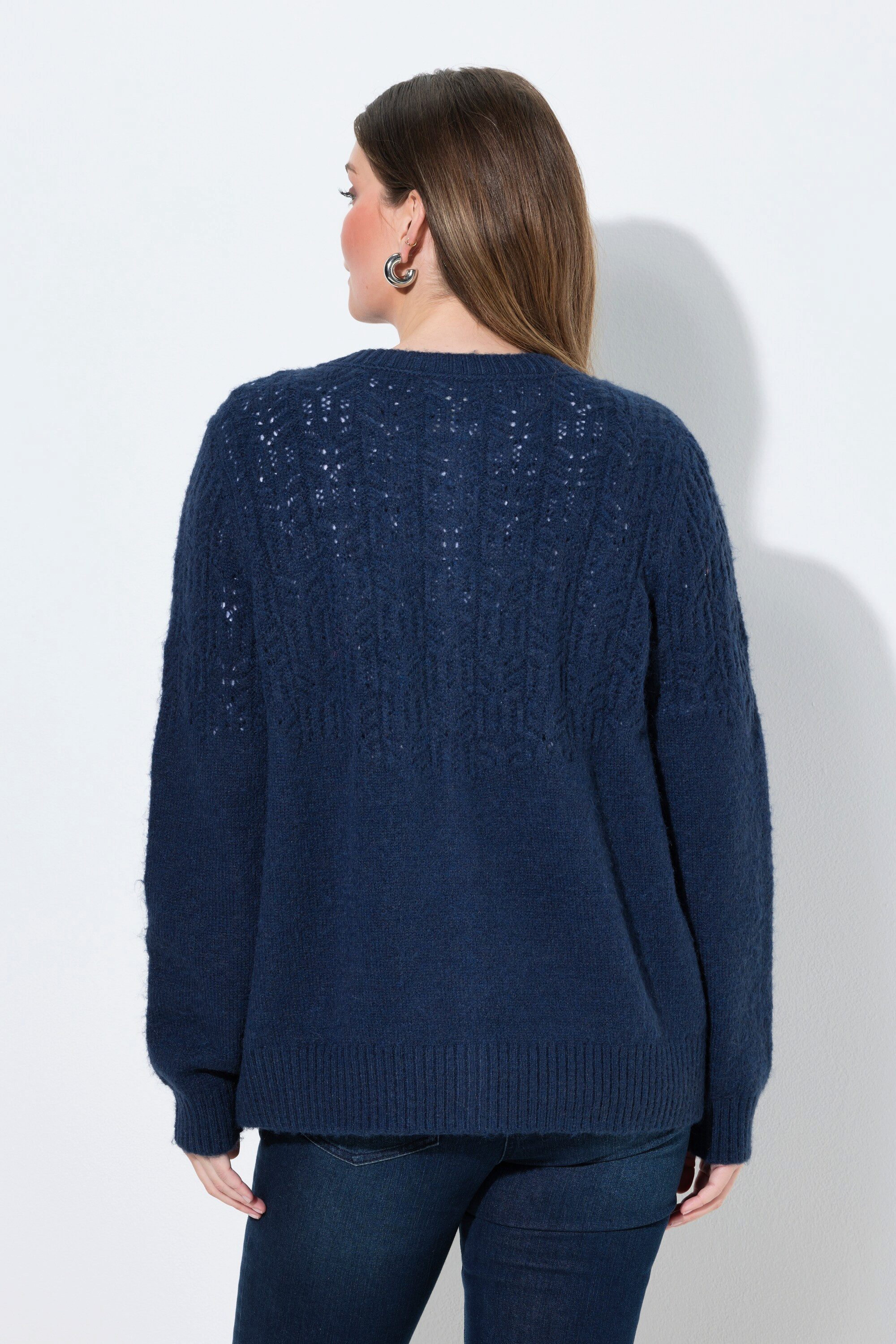 Ulla Popken Strickjacke Strickjacke Ajourmuster Rundhals Langarm