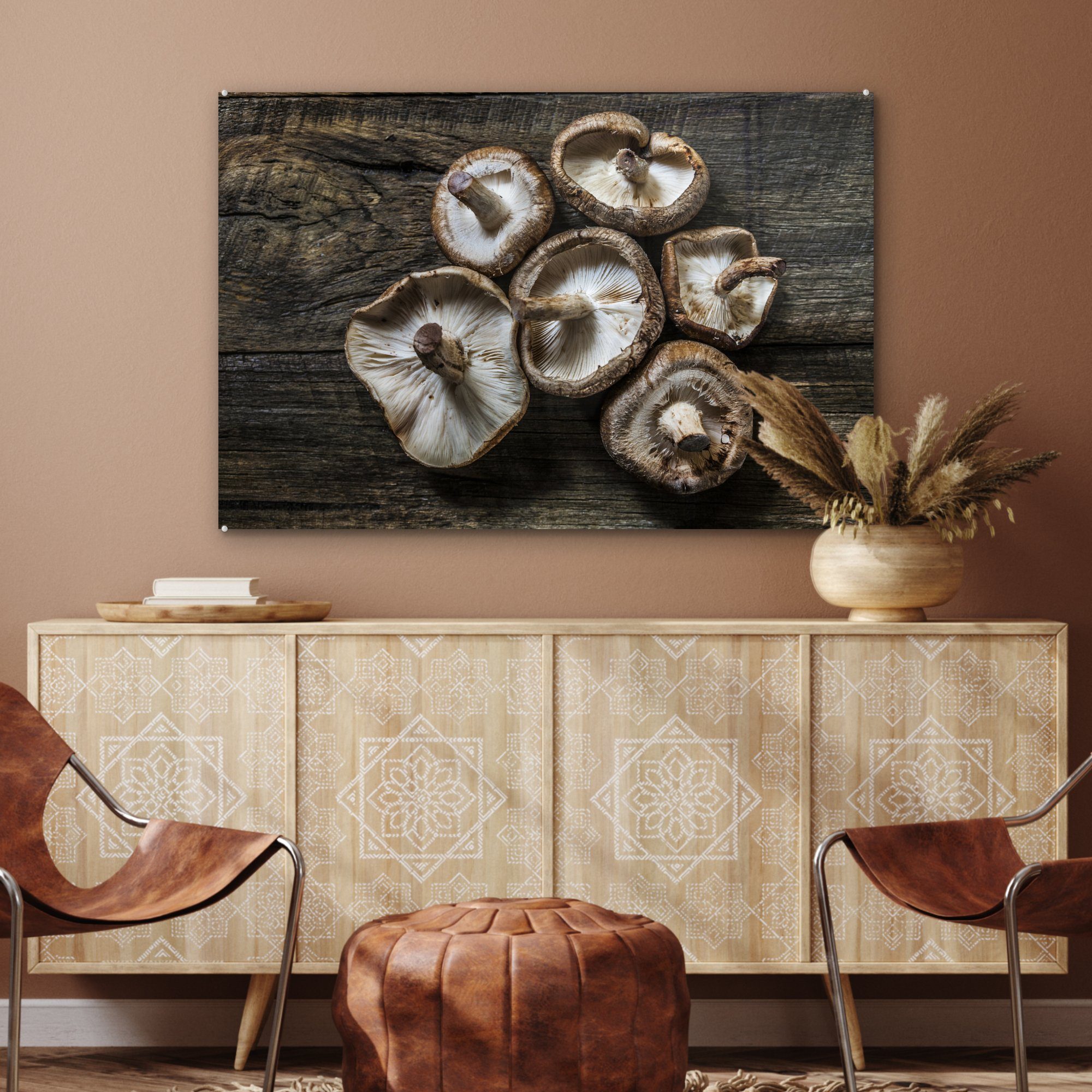 Acrylglasbilder Hintergrund, & (1 hölzernen auf Acrylglasbild MuchoWow Schlafzimmer St), Pilze einem Wohnzimmer