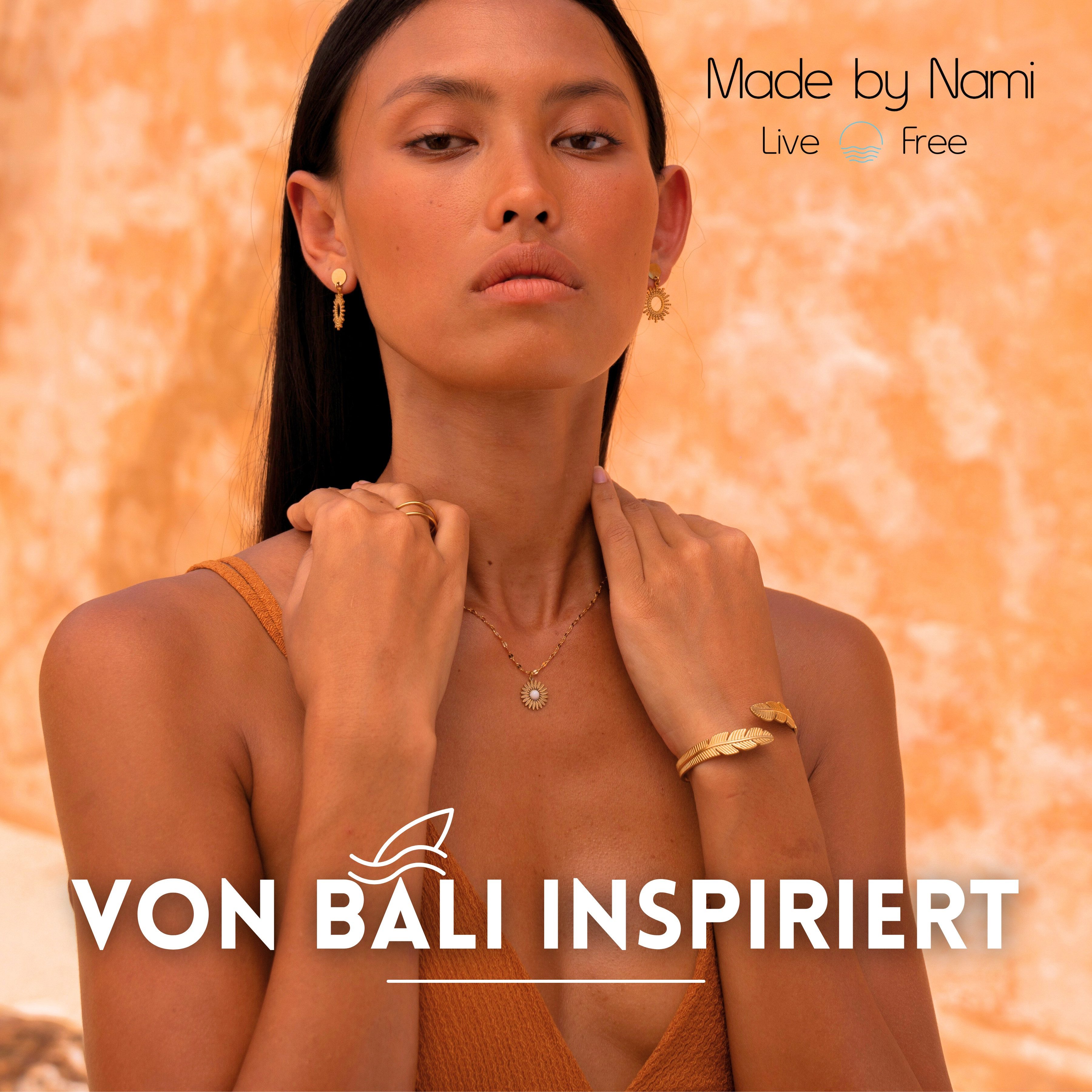 Made by Nami Armreif Feder Gold Damen Boho Schmuck aus Chirurgischem Edelstahl 316, Verstellbar Wasserfester Schmuck