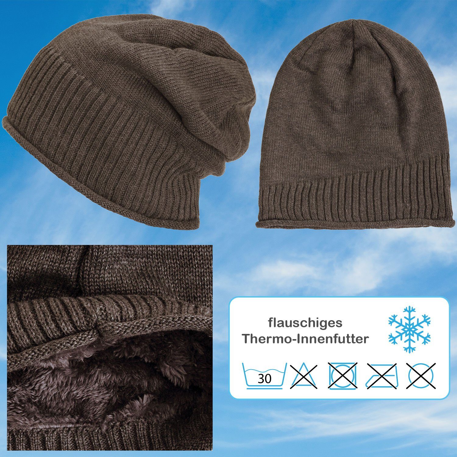 Beanie hellbraun Strickmütze (1-St) Gefütterte Wintermütze Haube Damen Herren compagno Mütze Strickmütze