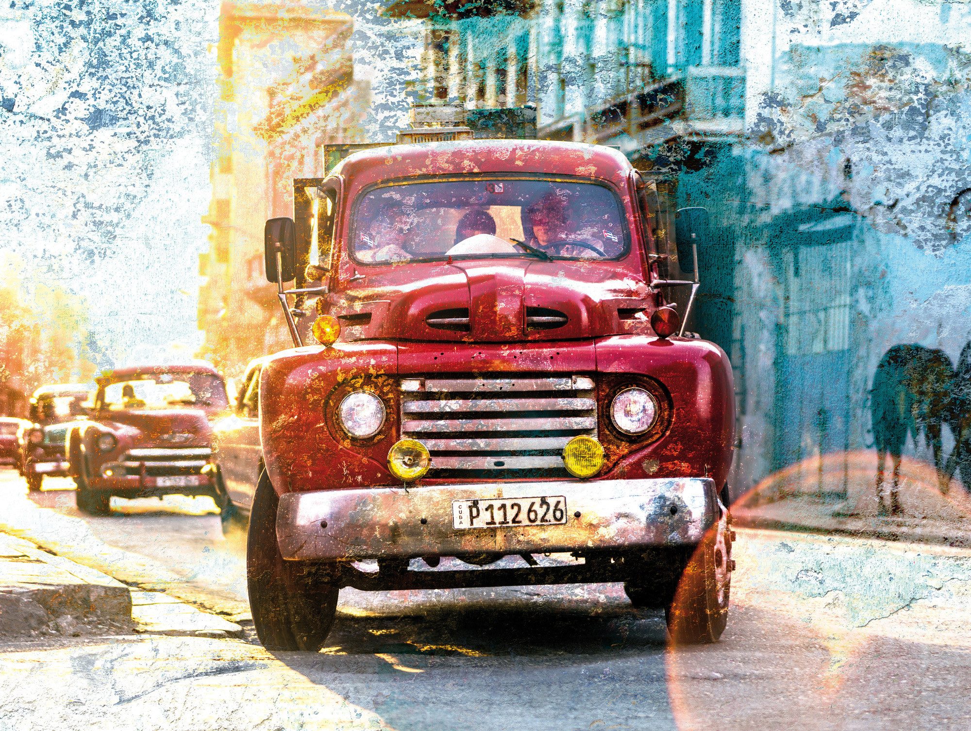 Rasch Fototapete Oldtimer-Motiv - Vliestapete Türkis Rot Gelb, Fotodruck, (1 Rolle, 1 St., 2,8 m x 3,72 m), gute Lichtbeständigkeit, waschbeständig, restlos abziehbar