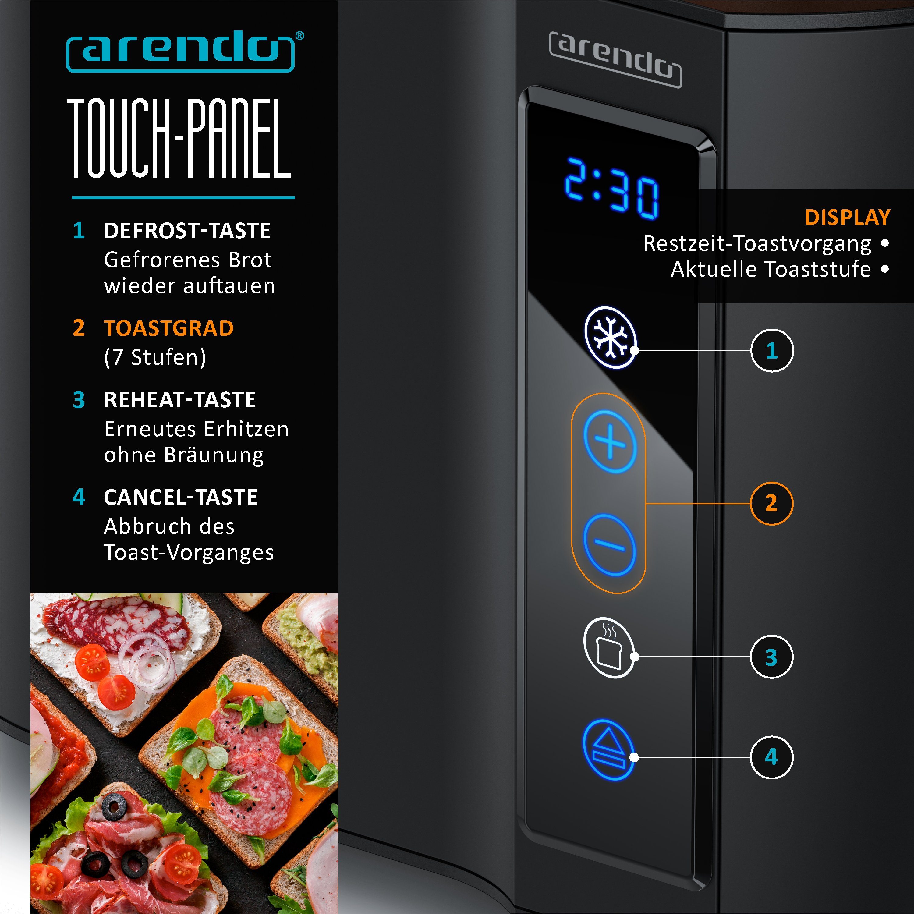 Arendo Toaster Wärmeisoliertes Doppelwandgehäuse, 2-Scheiben, Display Restzeitanzeige, 2 kurze Schlitze, für 2 Scheiben, 800 W, Kurzschlitz, Brötchenaufsatz, 7 Bräunungsgrade, Touchpanel