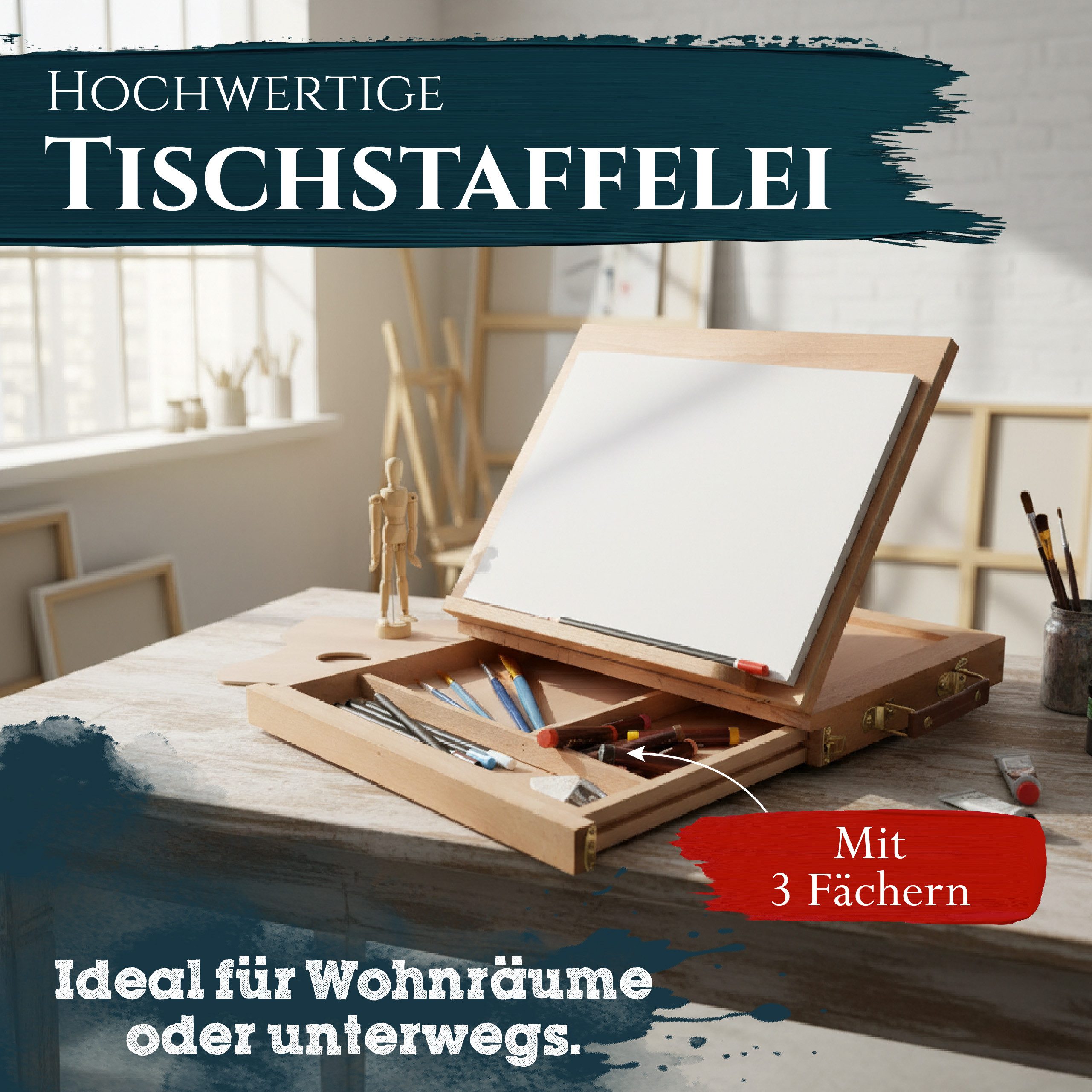 Artina Staffelei Zeichenbrett Calais, 33x26x24cm, Tragbare Tischstaffelei mit Aufbewahrungsfach – Verstellbare Sitzstaff