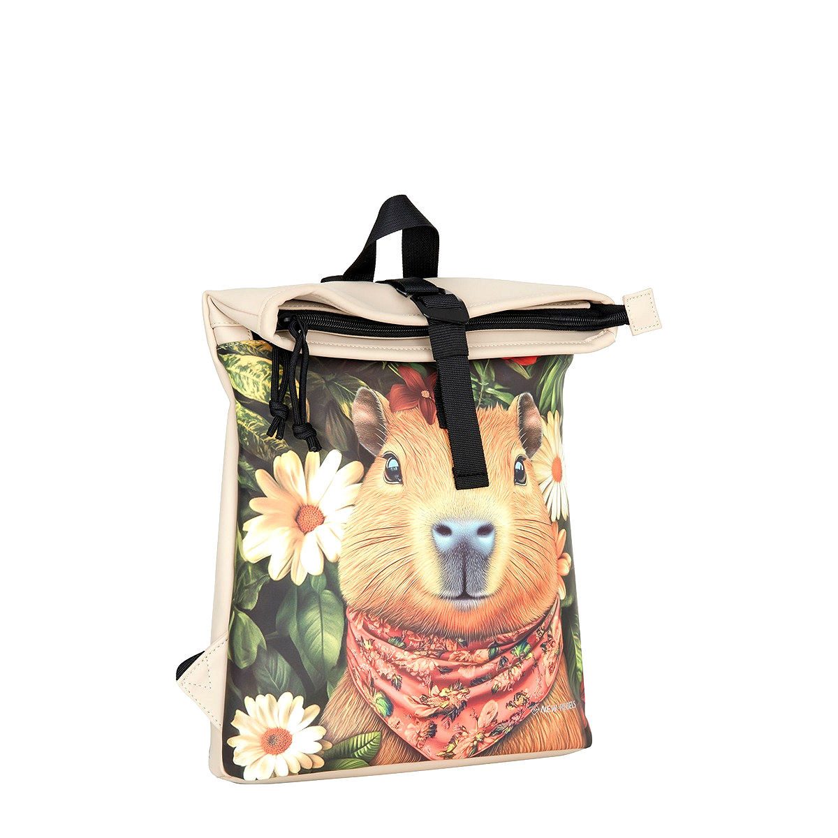 NEW REBELS Cityrucksack kleiner Roll Up RollTop Kurier Rucksack Mart Los Angeles, wasserabweisendes Planenmaterial, Capybara