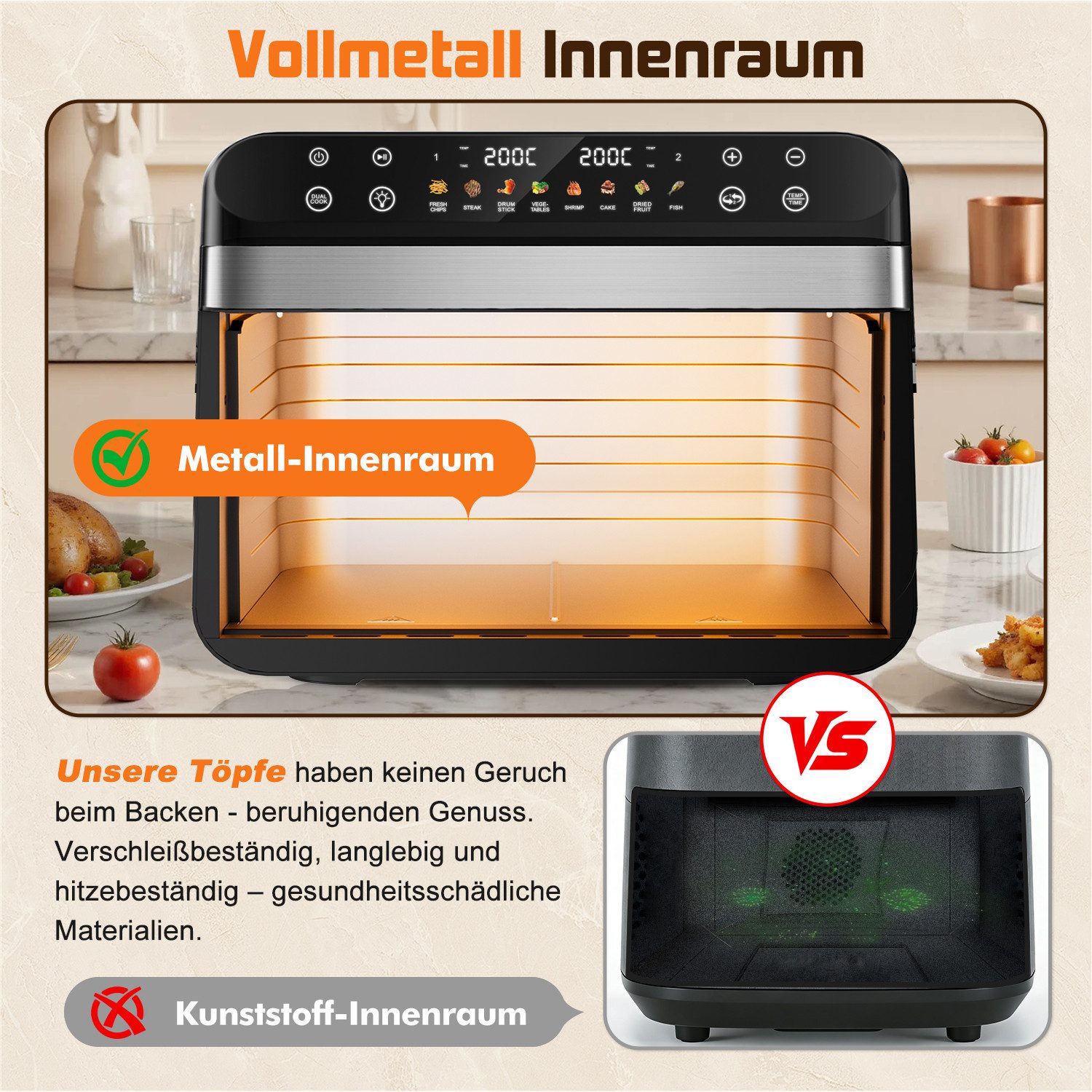 Fukstern Heißluftfritteuse Heißluftfritteuse XXL 10L – 2-Zonen Air Fryer mit Sichtfenster, Touchscreen & Metall-Innenraum, 2400 W, Herausnehmbare Trennwand, 8-in-1, separate Temperatur – Pizza