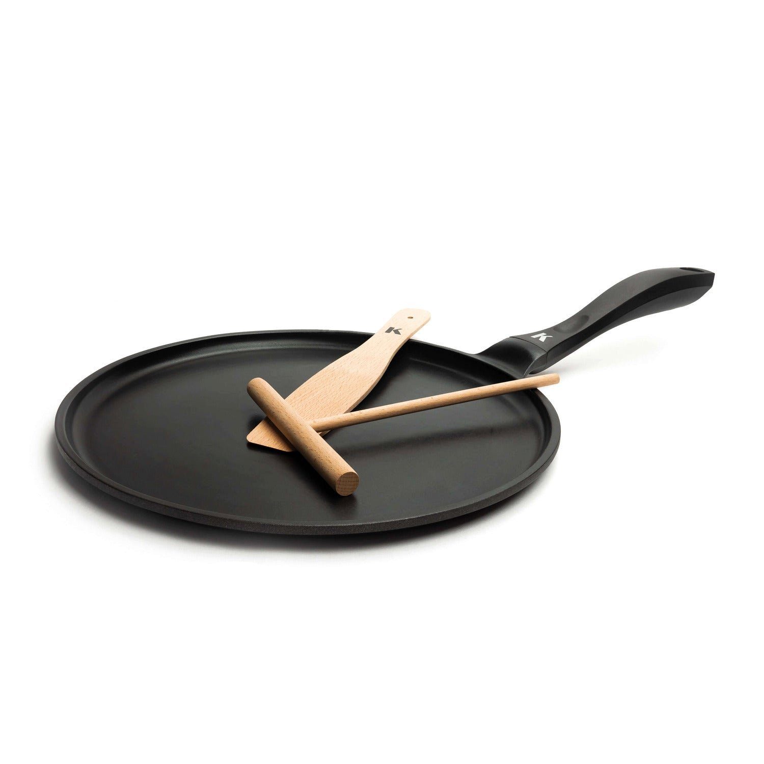 KLAMER Crêpepfanne 28cm, Pancake Pfanne mit Aluguss, Pfannkuchenpfanne, Palatschinken Pf…, Aluminium, Spülmaschinenfest, Öko-Holzzubehör, E-Herd kompatibel, Antihaft