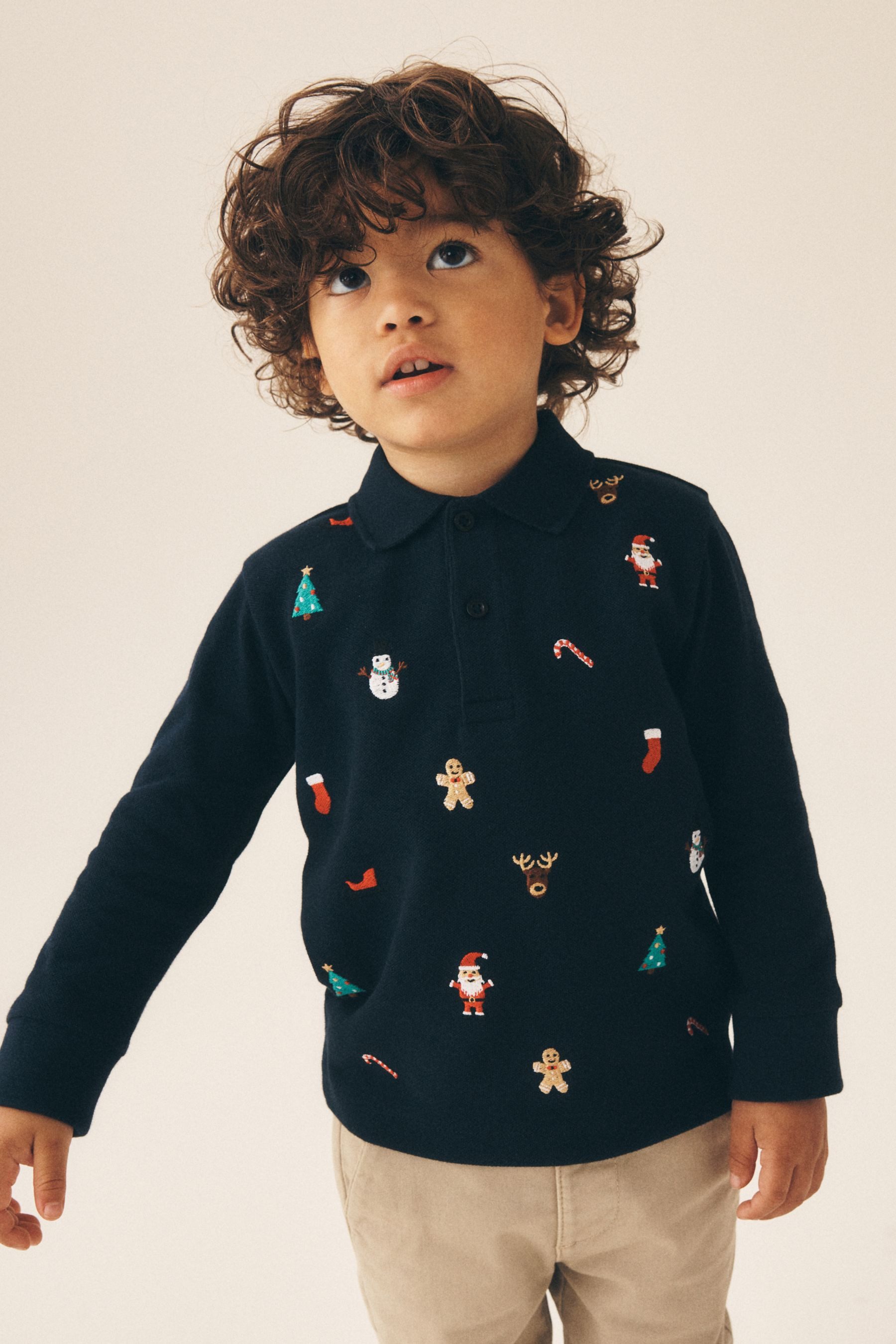 Next Langarm-Poloshirt Langarm-Poloshirt mit weihnachtlicher Stickerei (1-tlg) – Bild 5 von 5