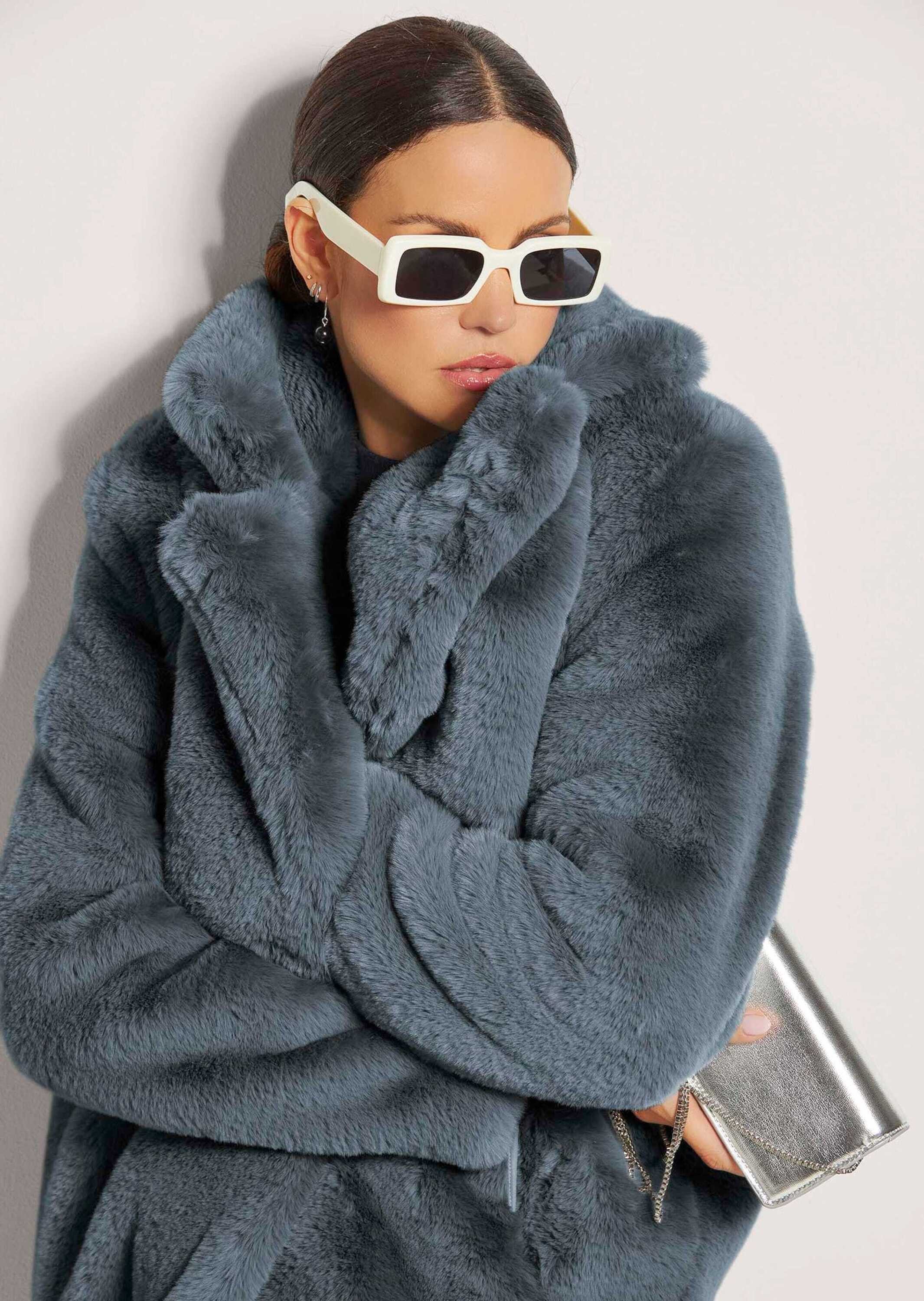 MADELEINE Kurzmantel Langer Faux-Fur-Mantel für Damen Kuscheliger Mantel mit Revers und Druckknöpfen