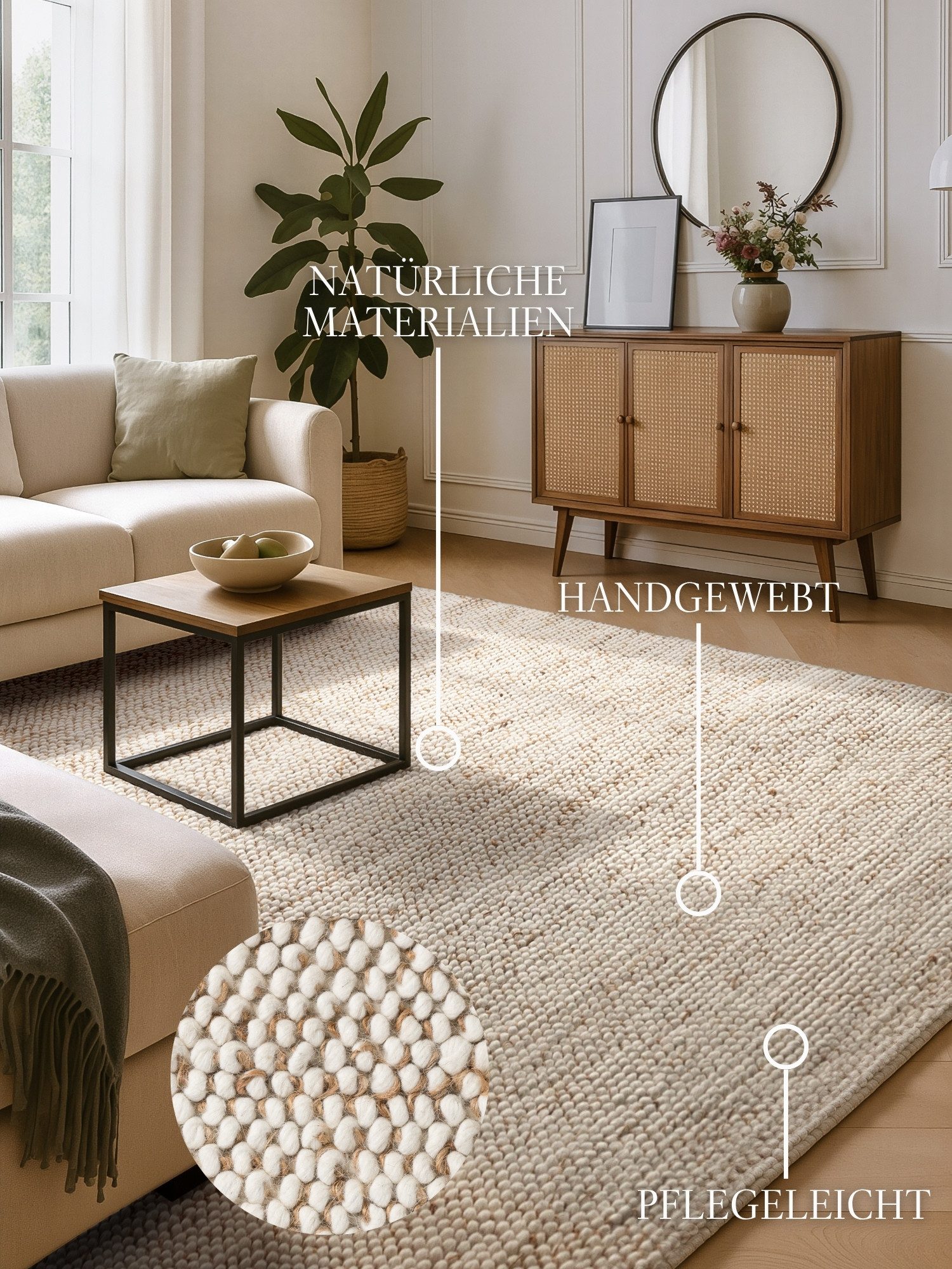 Villeroy & Boch Teppich Peas, rechteckig, Höhe: 18 mm, Handgewebt, Bouclé, Wolle, Jute, Natur, Läufer, Wohnzimmer, Skandi
