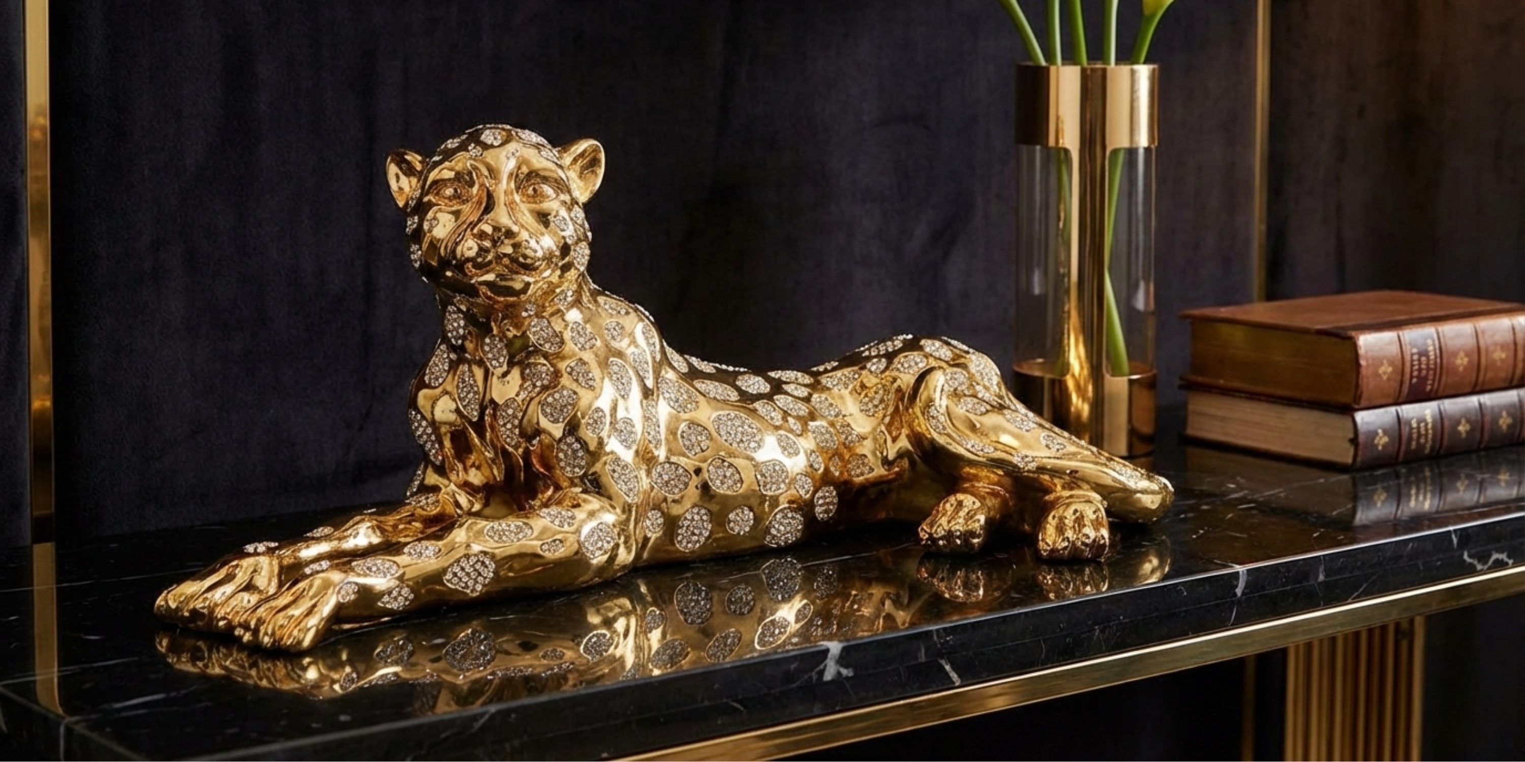 alesvelt Skulptur Moderne Dekofigur Leopard 57 cm Gold / Silber (1-Stück, 57 x 23 x 22 cm), Gold/ Silber