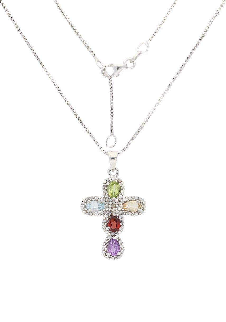 Firetti Kette mit Anhänger Schmuck Geschenk Silber 925 Halsschmuck Halskette Venezianer Kreuz, mit Amethyst, Citrin, Granat, Peridot, Topas