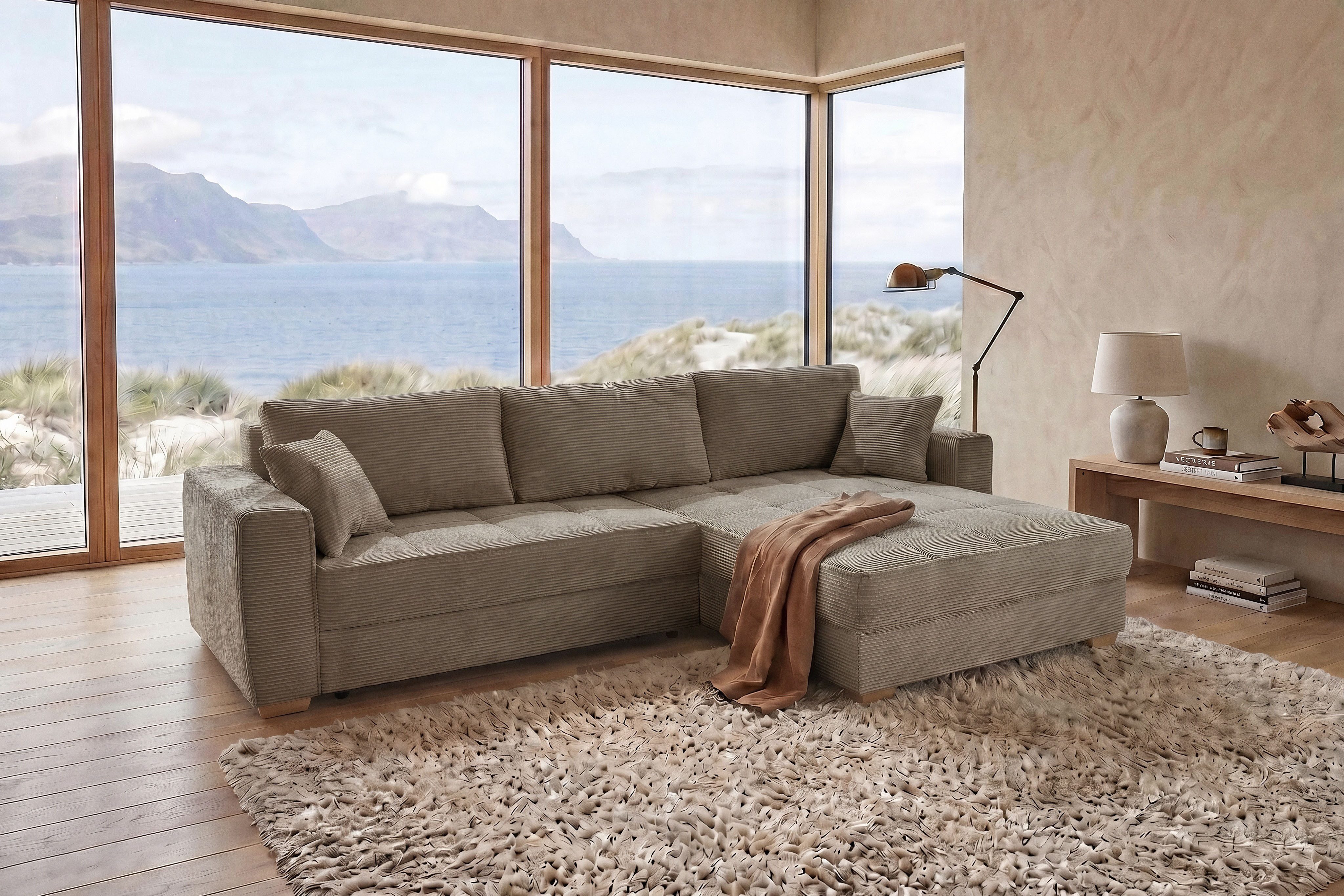 Jockenhöfer Gruppe Ecksofa Bologna, L-Form, Breite: 298 cm, Cord-Bezug, beidseitig montierbar, mit Schlaffunktion, Bettkasten & Zierkissen, XXL-Ottomane