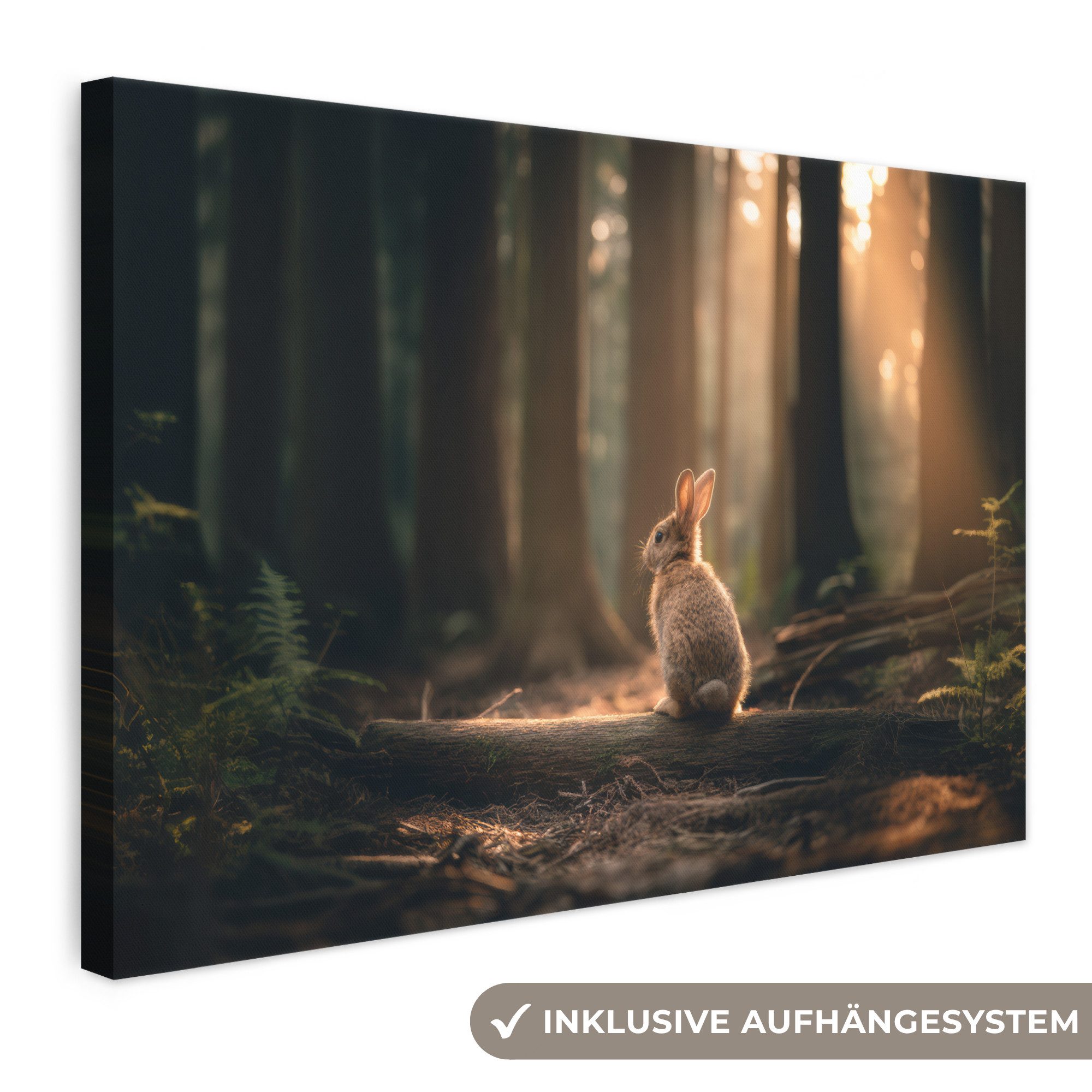 OneMillionCanvasses® Leinwandbild Kaninchen - Wald - Sonnenstrahlen, Fotodruck (1 St), Leinwand Bilder Klein, Wand Dekoration Aesthetic 30x20 cm