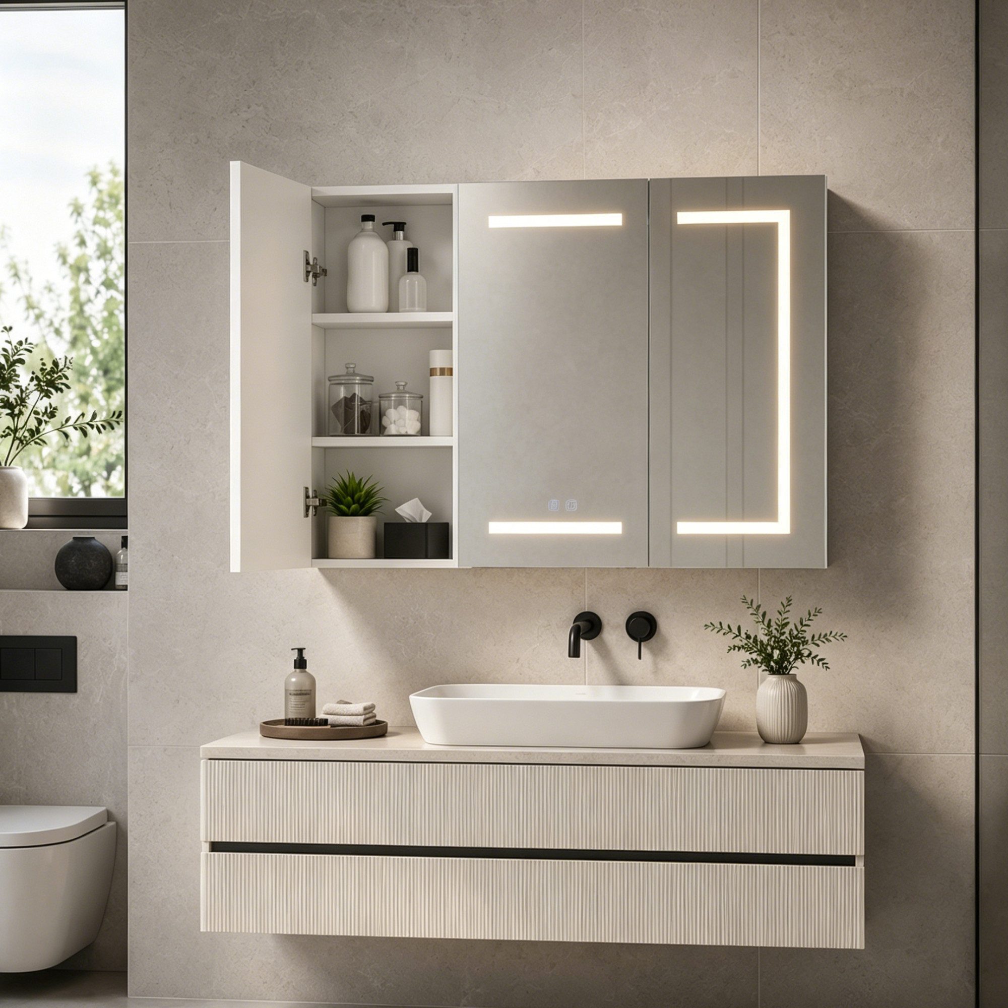 Simurq Spiegelschrank Badezimmerspiegelschrank 3 türig Hängeschrank mit LED Beleuchtung (3 Farbtemperaturen Dimmbar) Badspiegelschrank 100 x 13,5 x 60 cm mit Steckdosen, Anti-Fog